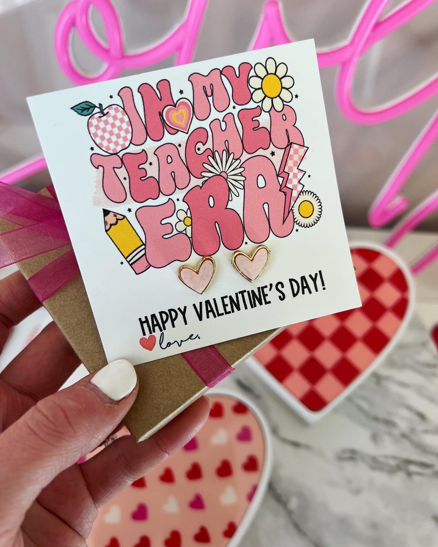 Teacher Valentine's Day Gift!Pink & Gold Heart Stud earrings, Valentine's gift, included with box+ribbon! Happy Valentine's Day!Teacher gift