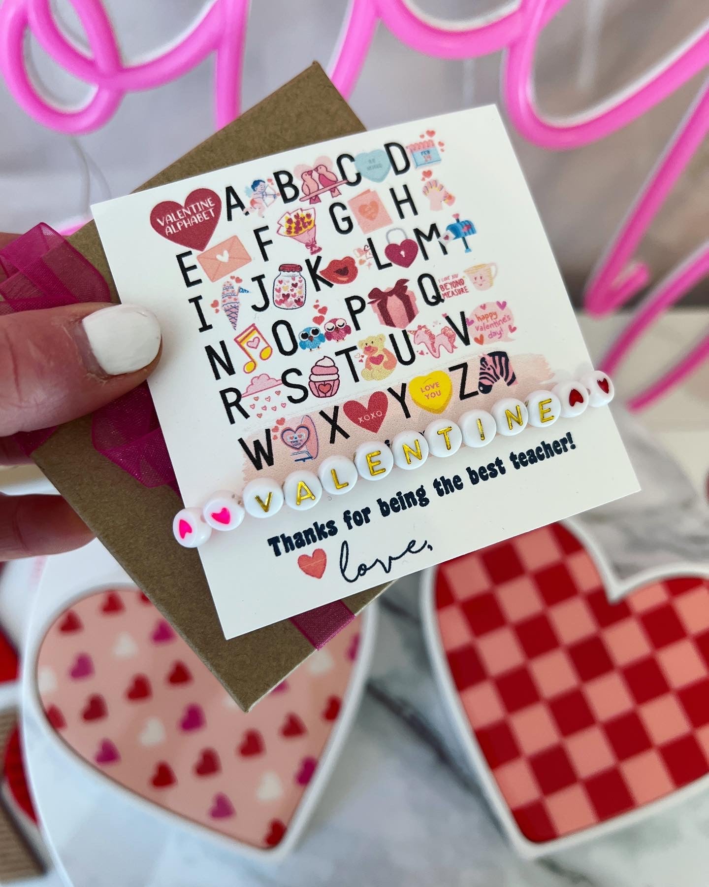 Alphabet Teacher Valentine's Day gift, Valentine beaded bracelet, card, box & ribbon included! Valentine gift for teacher from student