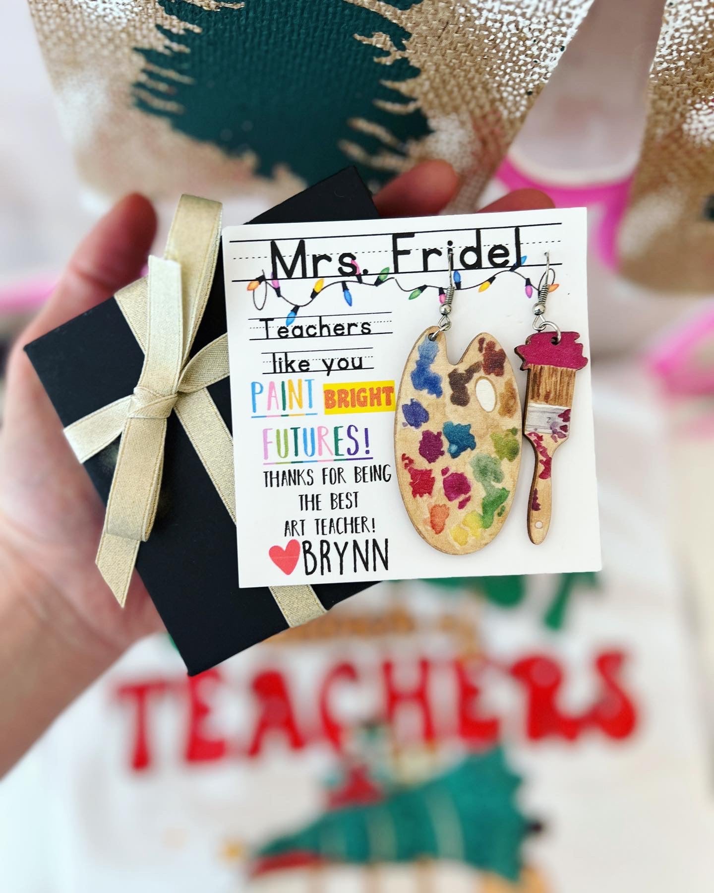 Holiday Christmas Art Teacher Gift, Art Teacher Christmas Gift earrings, Thank you Art Teacher gift, handmade wooden paint + brush earrings!