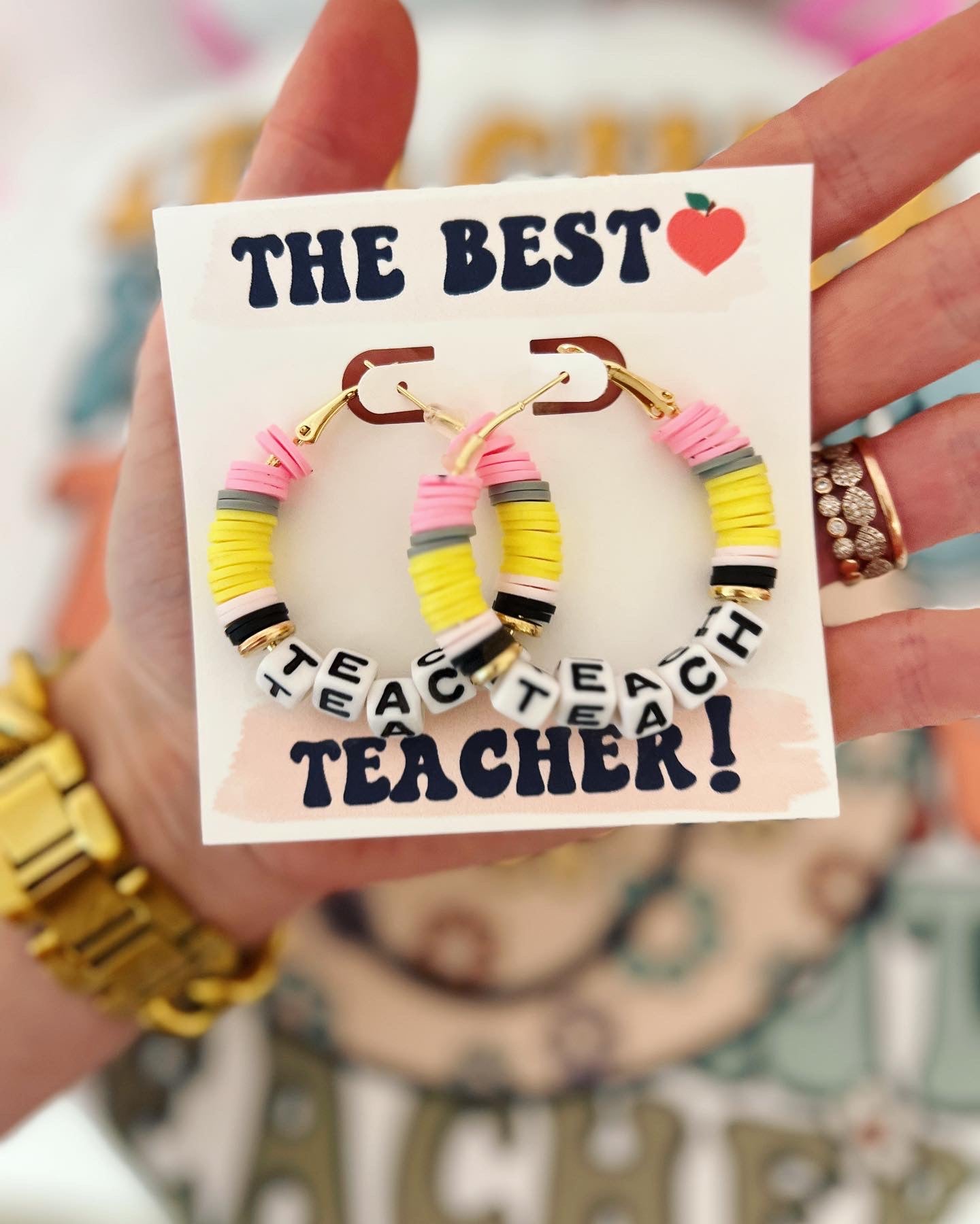Teach Pencil Hoop Earrings! Teacher thank you gift! Handmade clay disc beads! Teacher appreciation gift!  card, box & ribbon!