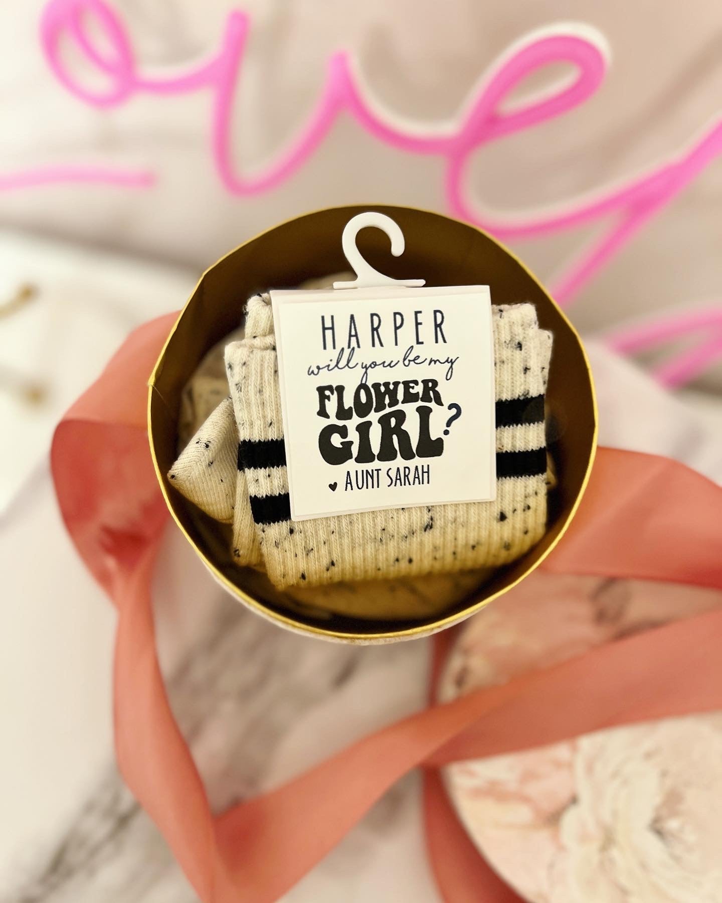 Flower Girl gripper socks with Personalized Card, floral gift box with bow ribbon, Flower girl thank you, will you be my flower girl?