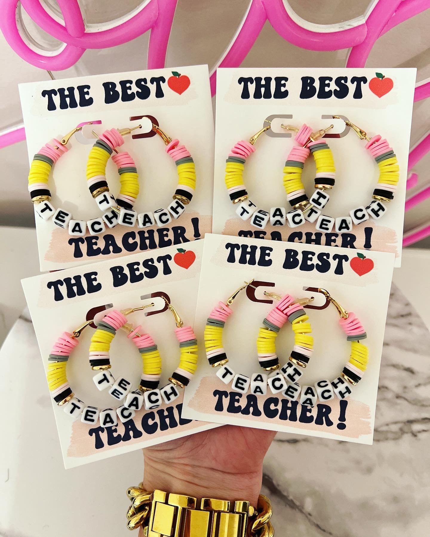 Teach Pencil Hoop Earrings! Teacher thank you gift! Handmade clay disc beads! Teacher appreciation gift!  card, box & ribbon!
