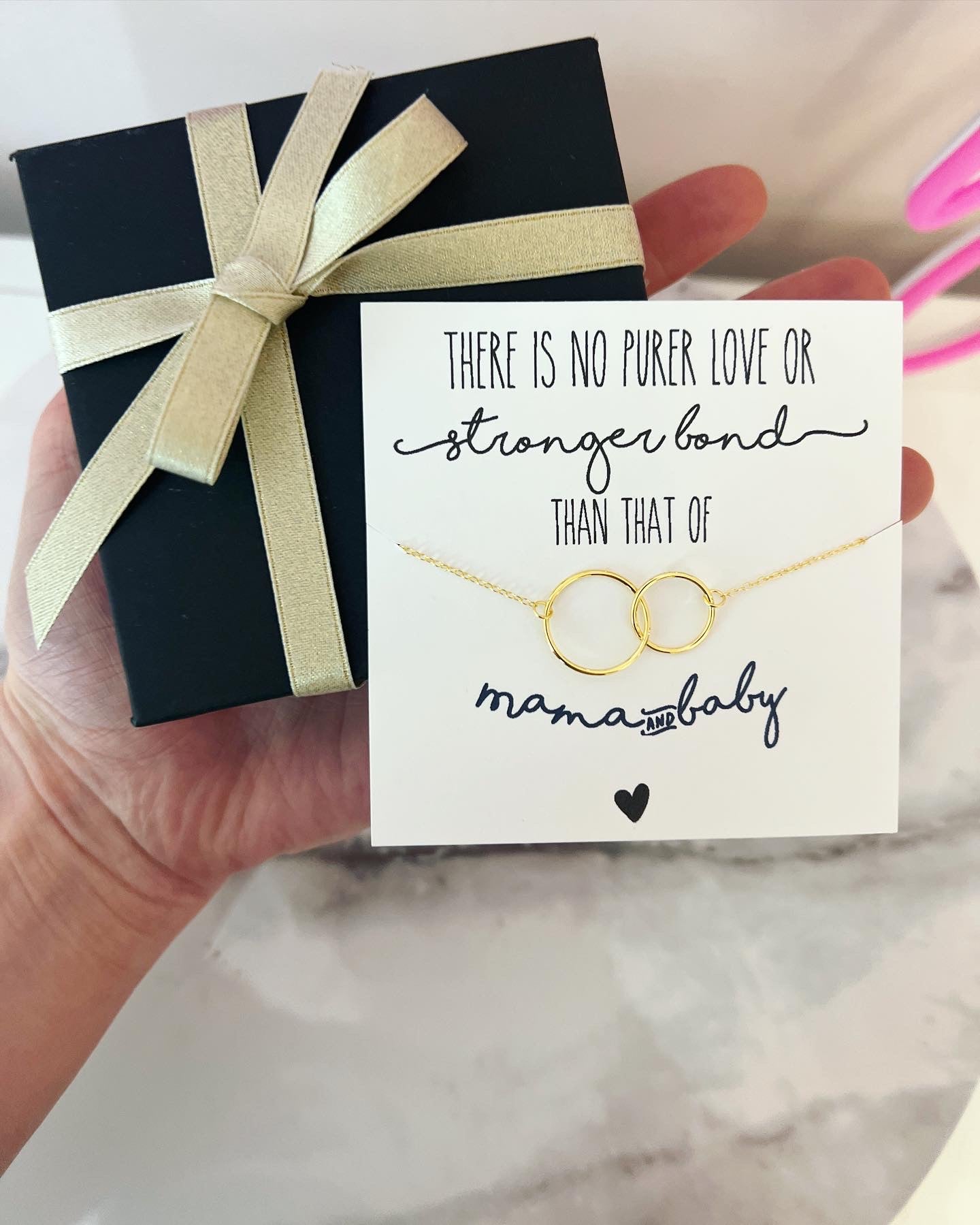New Mom Infinity Necklace, card, box & ribbon! No tarnish materials!