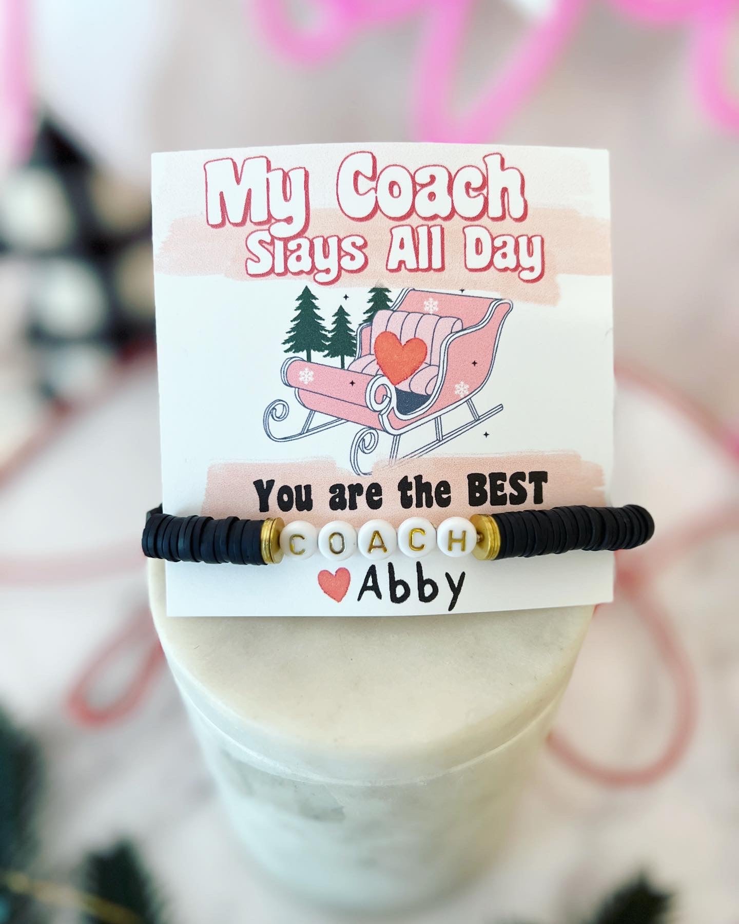 My Coach Slays all day,Coach gift! Holiday Christmas Coach appreciation gift,clay disc bead COACH bracelet, personalized card, box & ribbon!