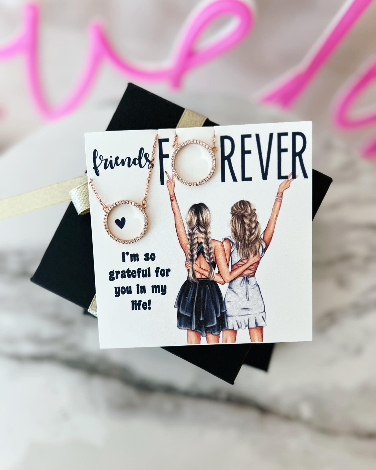 Best Friend Necklaces! Custom Card BFF girls, Two Eternity circle necklaces, card, box + ribbon included!