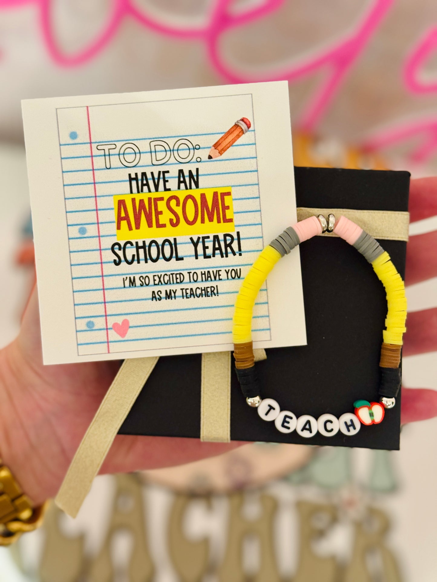 Have an AWESOME school year teacher bracelet, card, box & ribbon! Back to school gift!