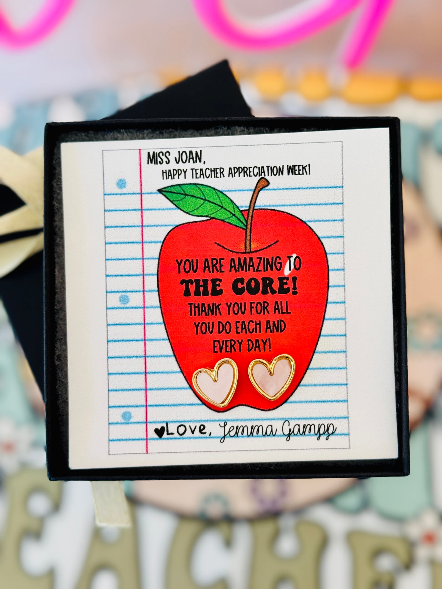 Teacher Appreciation Gift Pink & Gold heart Earrings! Teacher thank you gift! Card, box + ribbon!