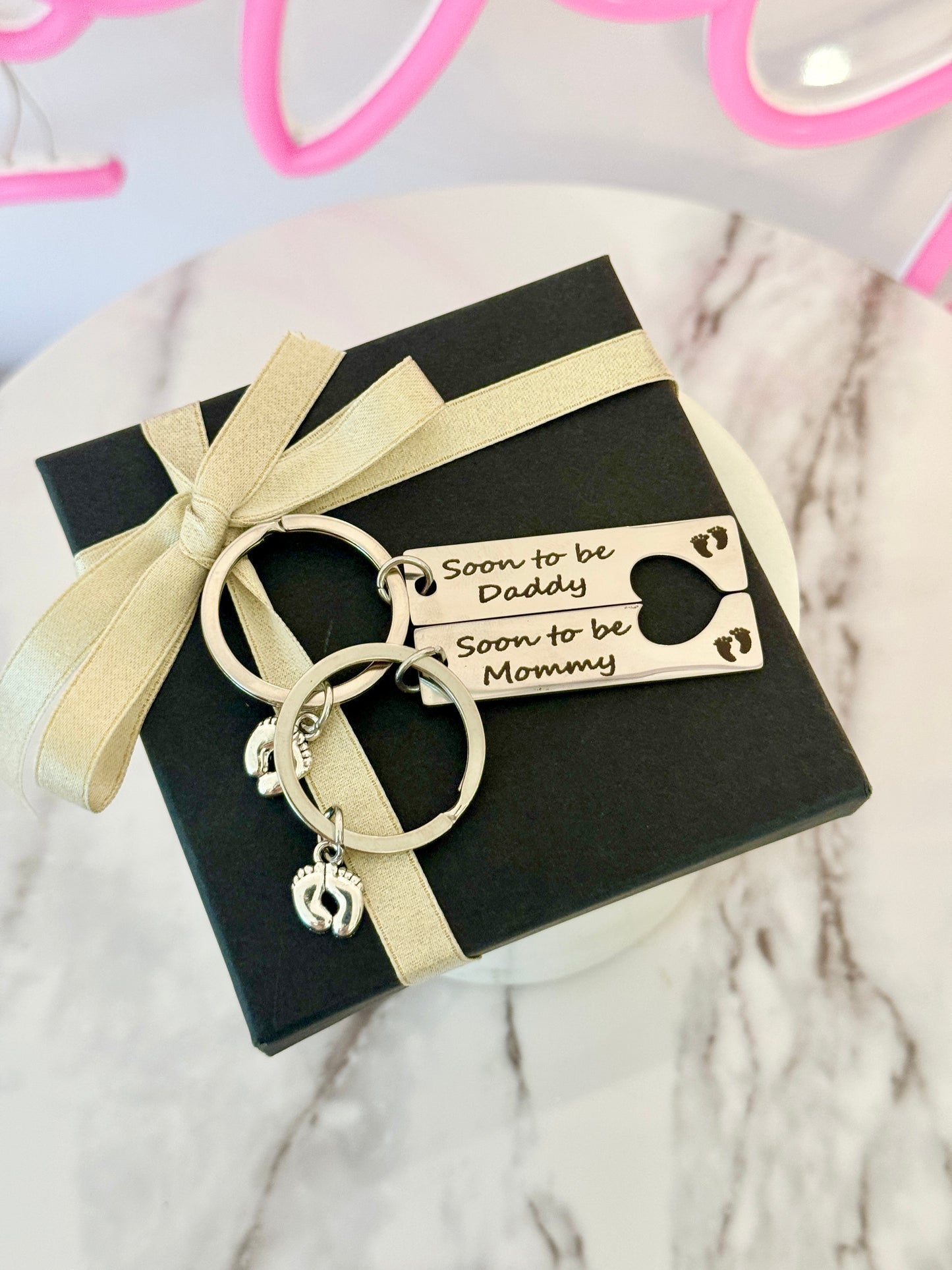 New Mom & Dad Laser Engraved Keychain set! Card, box & ribbon included!