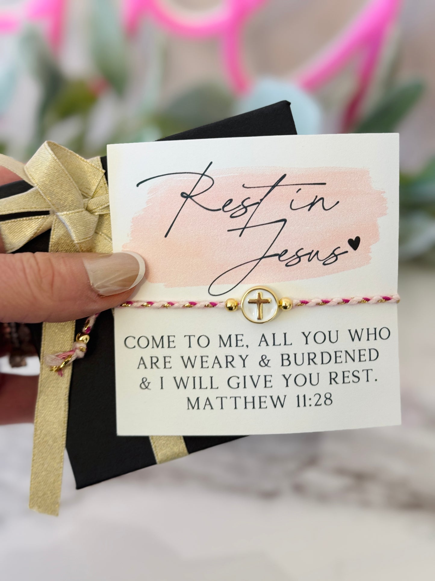 Rest in Jesus dainty Cross bracelet encouragement gift! Box & ribbon included!