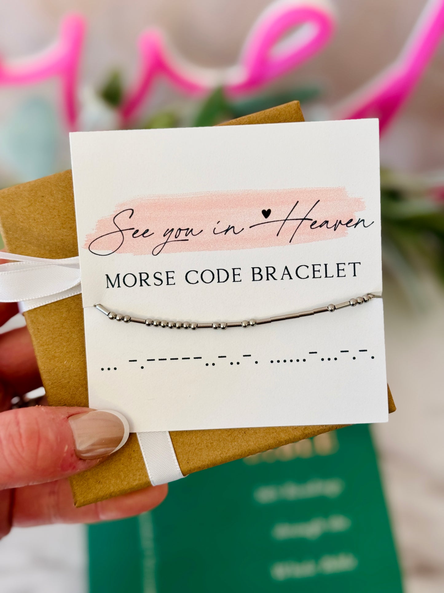 See you in Heaven, Morse Code bracelet, encouragement gift, loss of loved one, gift of loss, card, box + ribbon included!