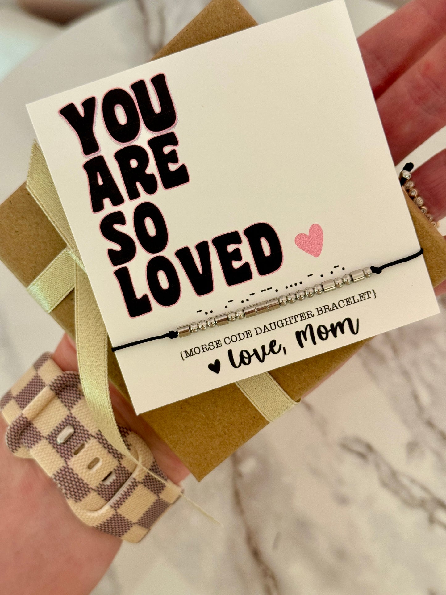 Daughter Morse Code Bracelet! NON-TARNISH, hypoallergenic! Card, bracelet, box & ribbon included! Great gift for college