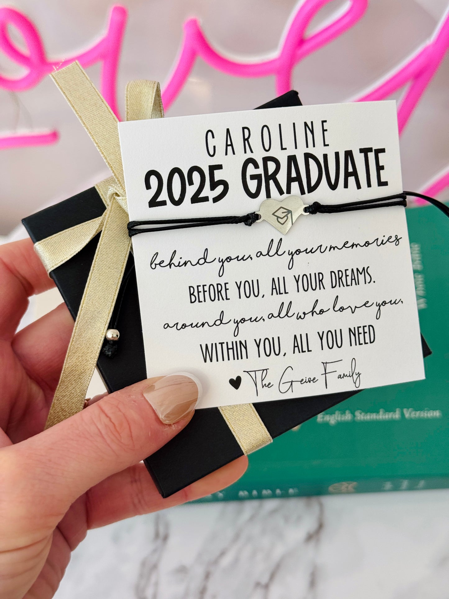 Personalized Graduation Gift! Laser Engraved Cap & Tassel adjustable rope bracelet, Graduation gift, Adjustable Graduation bracelet, Gift for graduate, card + box included!
