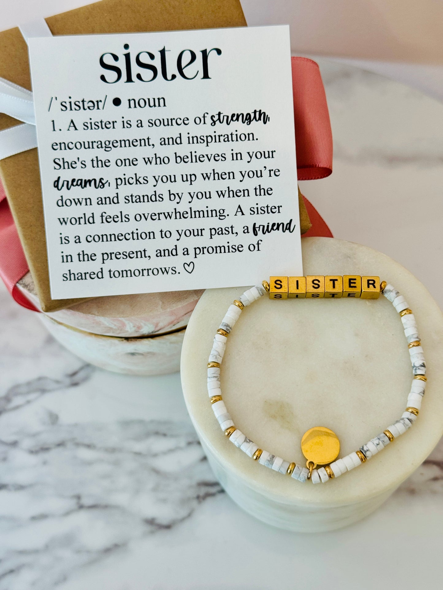 Gold Sister Bracelet with Sister Definition card, box & ribbon included!
