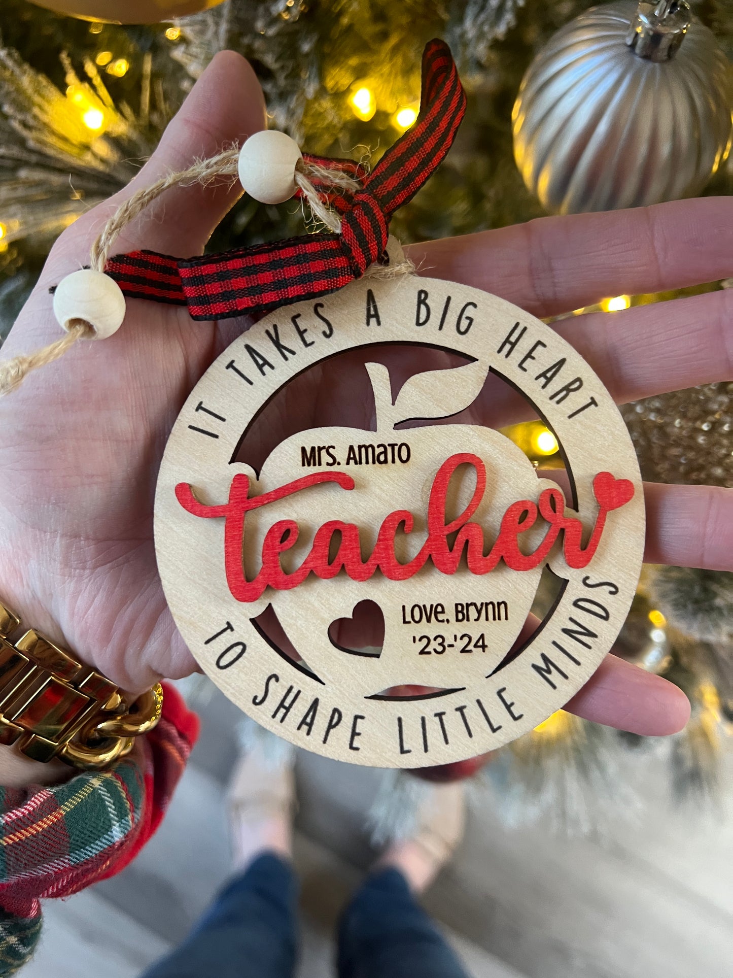 Teacher Ornament, 2024-2025 year, It takes a big heart to shape little minds, personalized with teacher name, from name & date