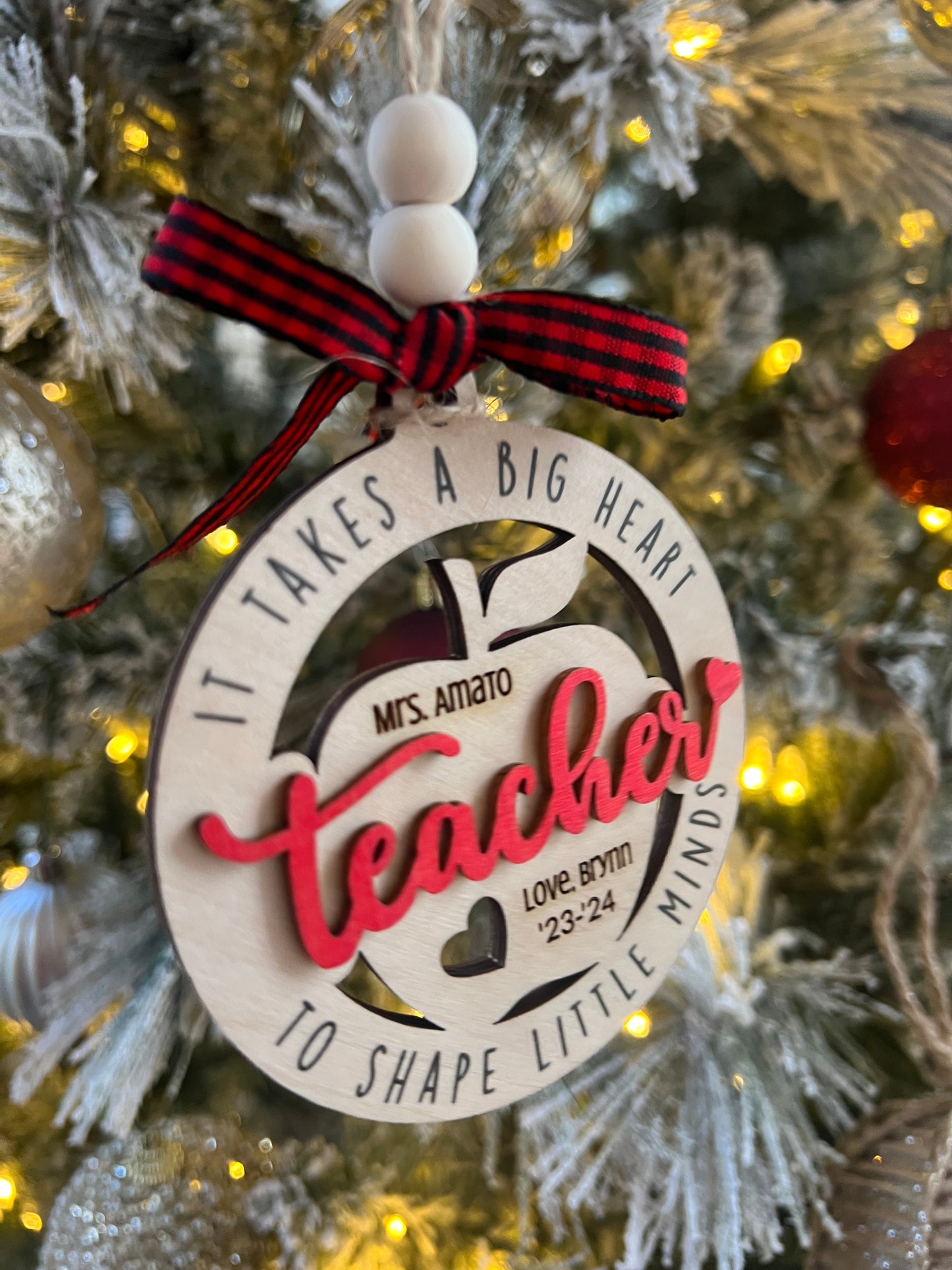 Teacher Ornament, 2025-2026 year, It takes a big heart to shape little minds, personalized with teacher name, from name & date