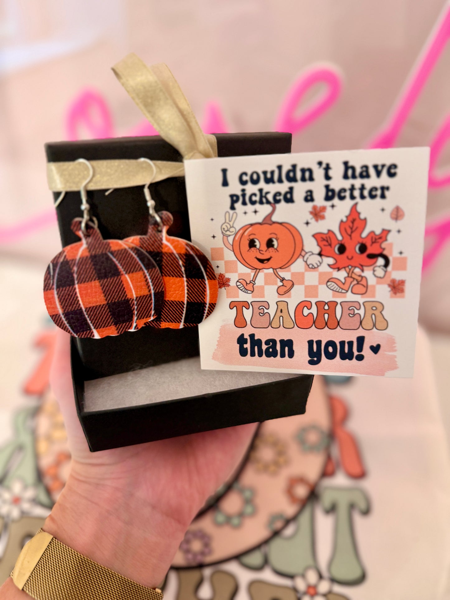 Fall Teacher Pumpkin Earrings, card, box & ribbon included! Non-Tarnish! Over 5,000 5 STAR Reviews!