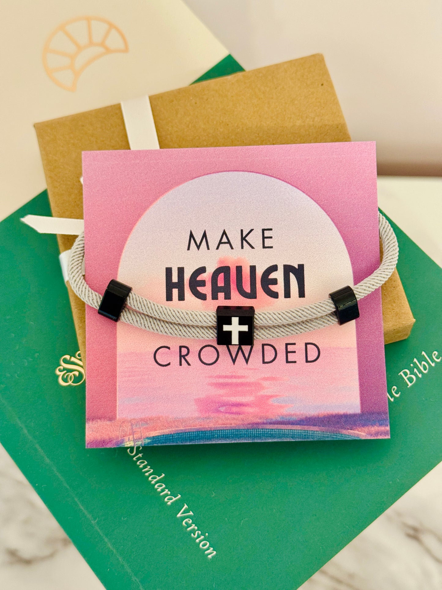 Make Heaven Crowded Cross Bracelet, Gray corded, black and white cross with card, box & ribbon included!