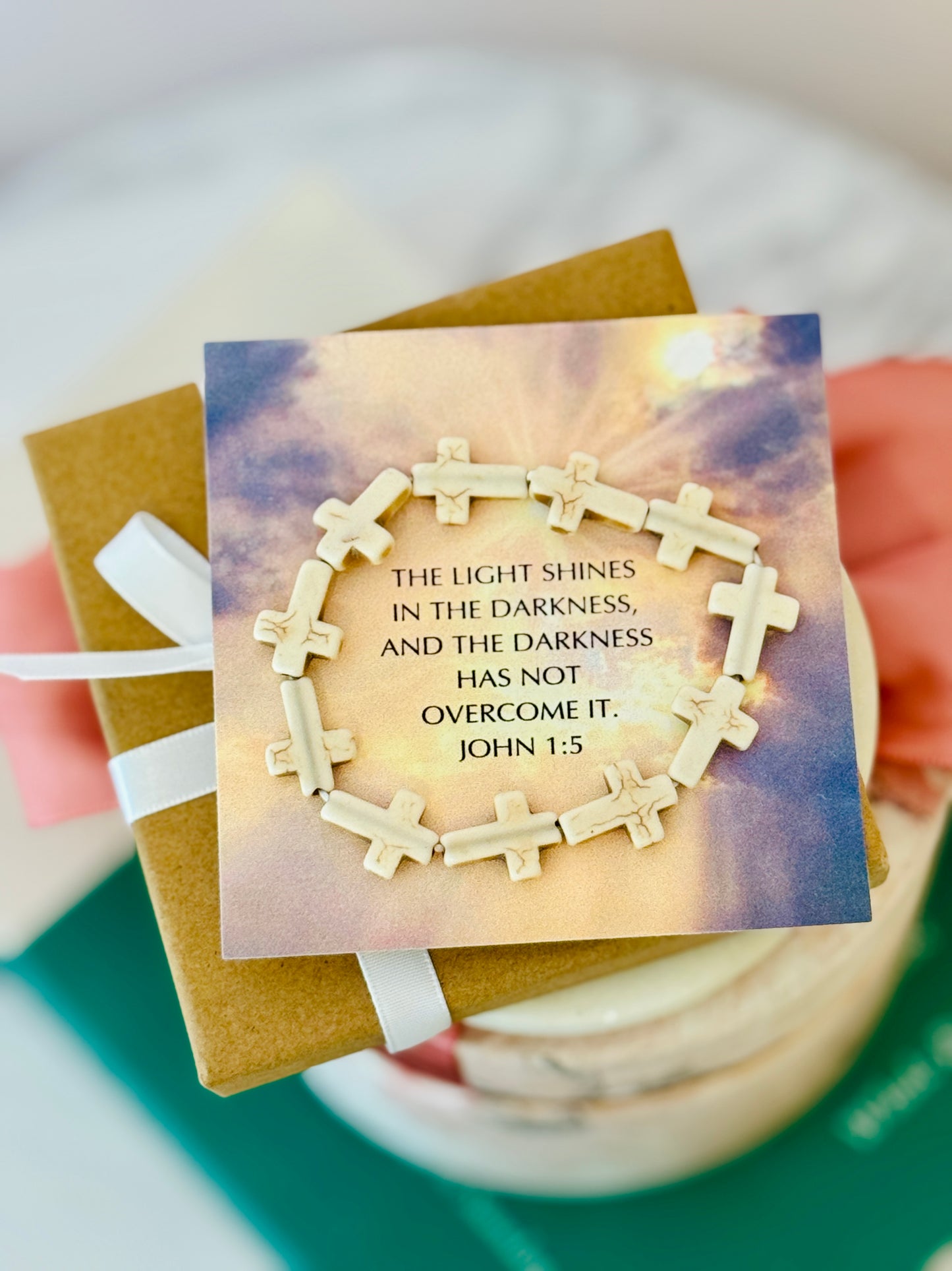 The Light Shines in the Darkness, Marble Cross bracelet, box & ribbon included!