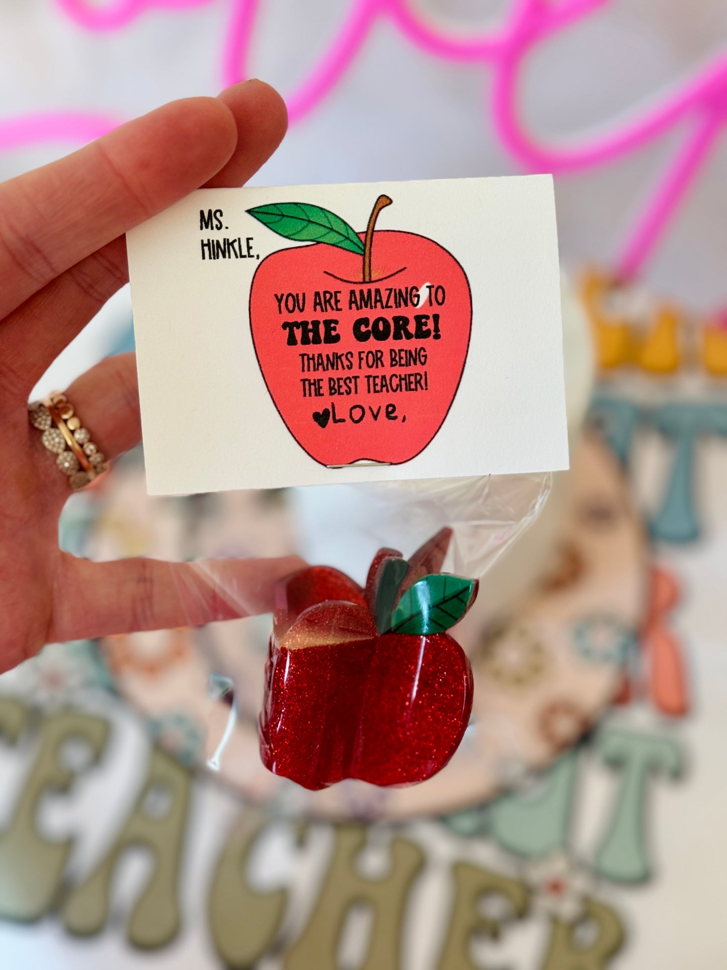 Adorable Apple Acrylic Hair Claw Clip! Teacher Appreciation End of year gift, personalized card with clear gift wrap included! Teacher Gift!