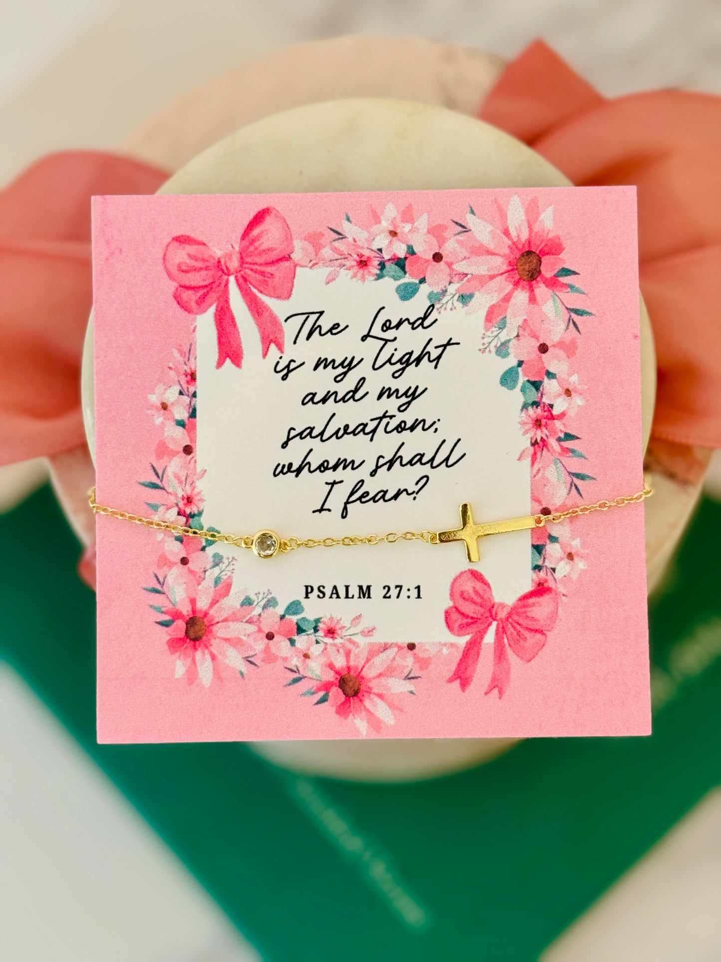 The Lord is my Light & Salvation, gold cross bracelet, non-tarnish, box & ribbon included!