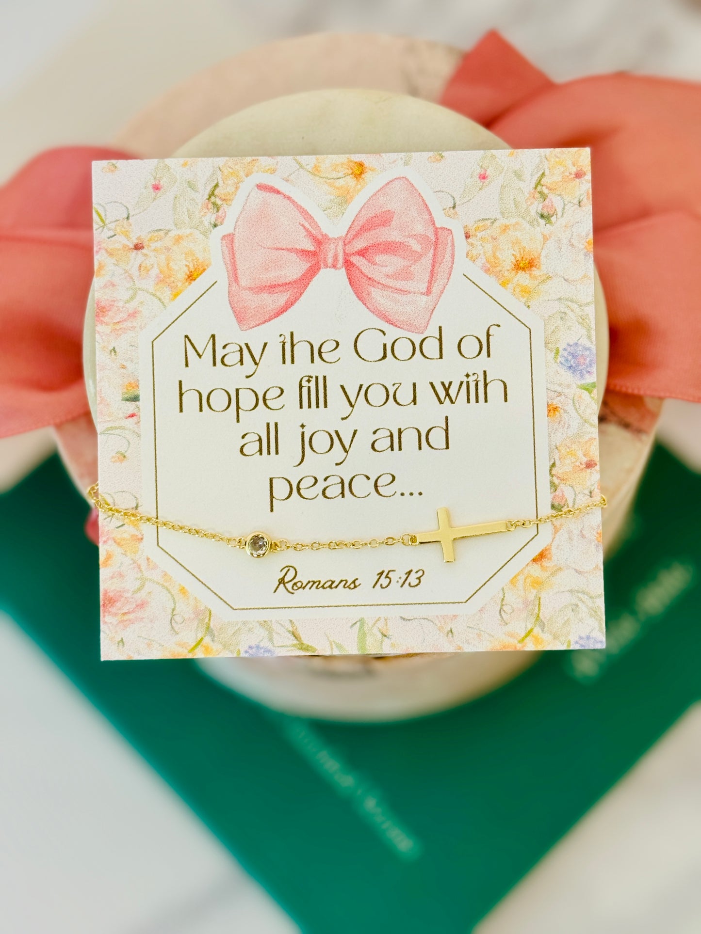 May the God of Hope & Peace Fill your heart, Gold cross Non-Tarnish Bracelet, box & ribbon included!
