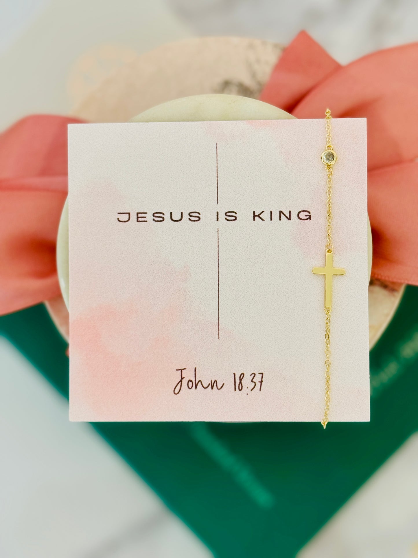 Jesus is King Card with Gold Cross Bracelet, Non-Tarnish, card, box & ribbon included!