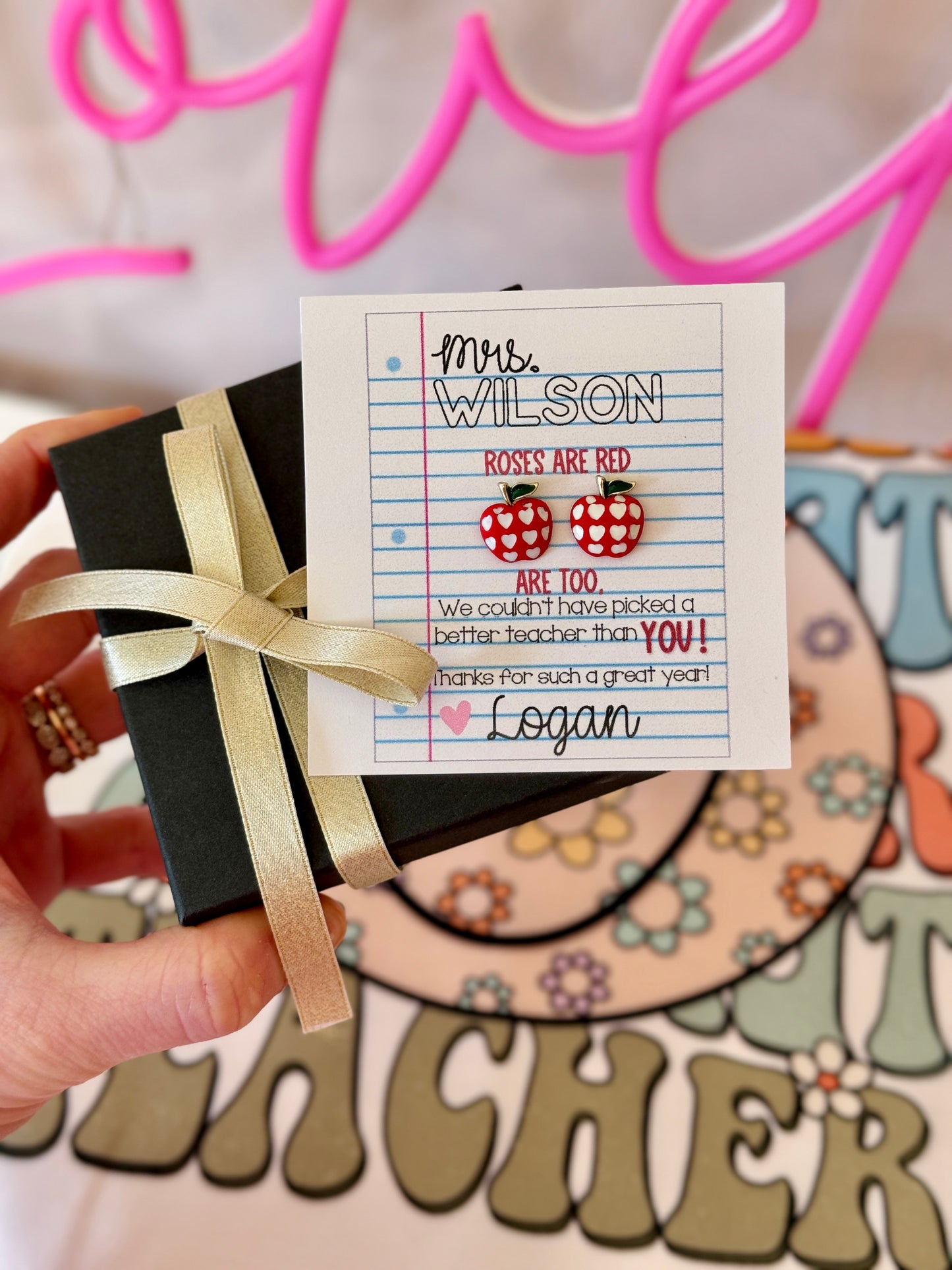 Adorable Apple heart stud earrings, Teacher Appreciation End of year gift, personalized card, box+ ribbon included!