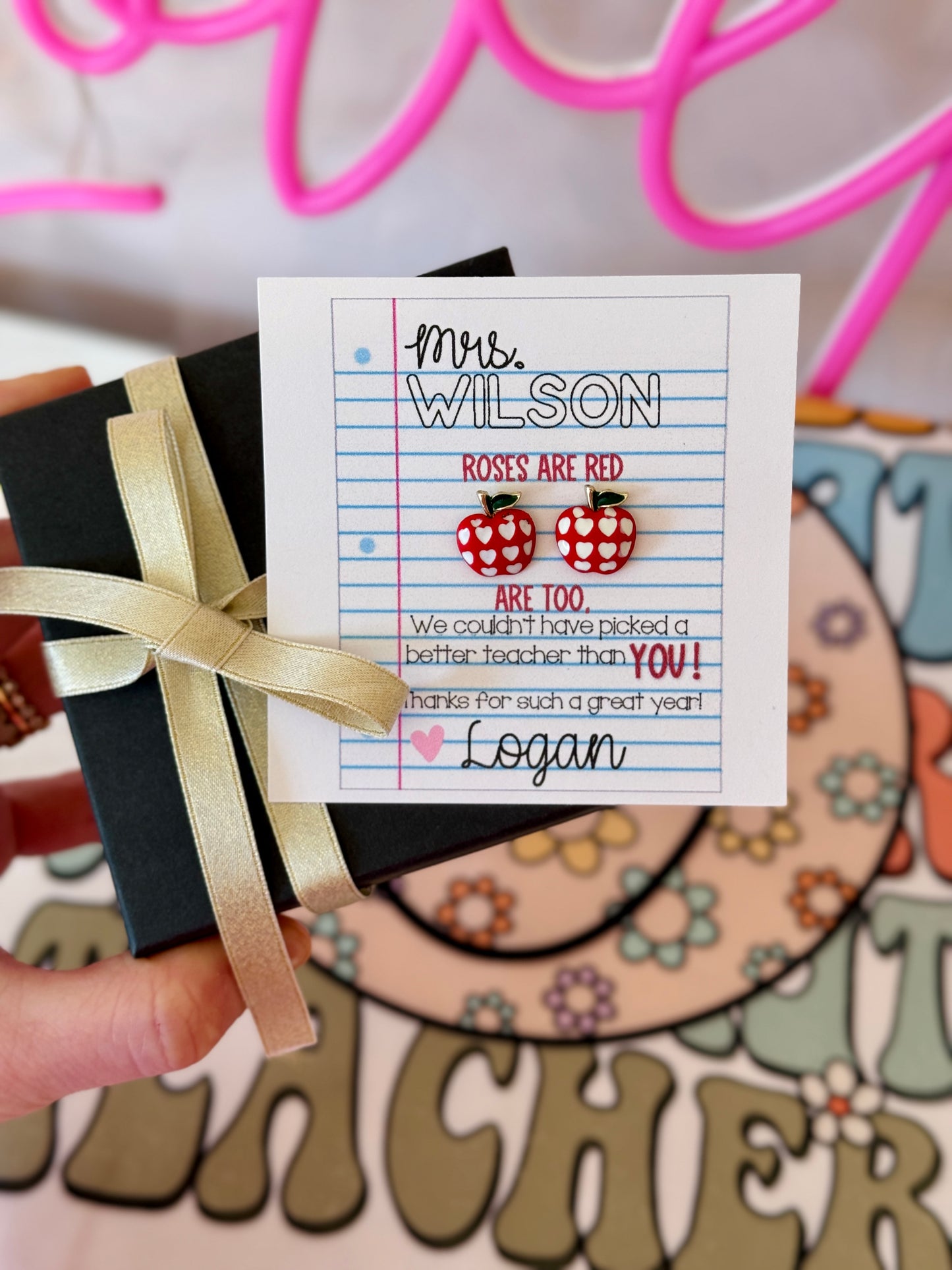 Adorable Apple heart stud earrings, Teacher Appreciation End of year gift, personalized card, box+ ribbon included!