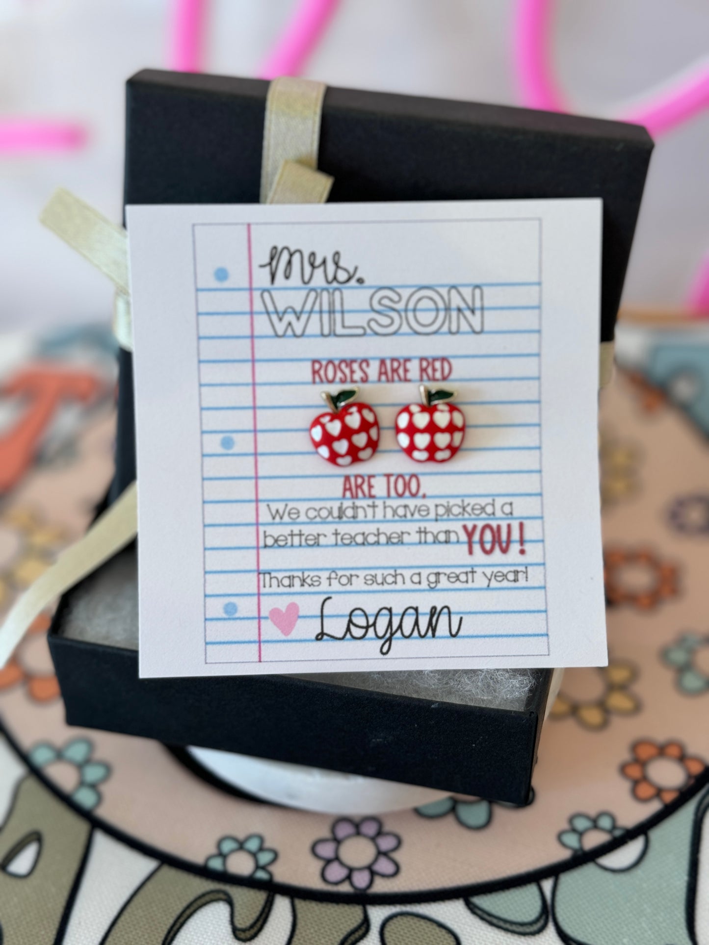 Adorable Apple heart stud earrings, Teacher Appreciation End of year gift, personalized card, box+ ribbon included!