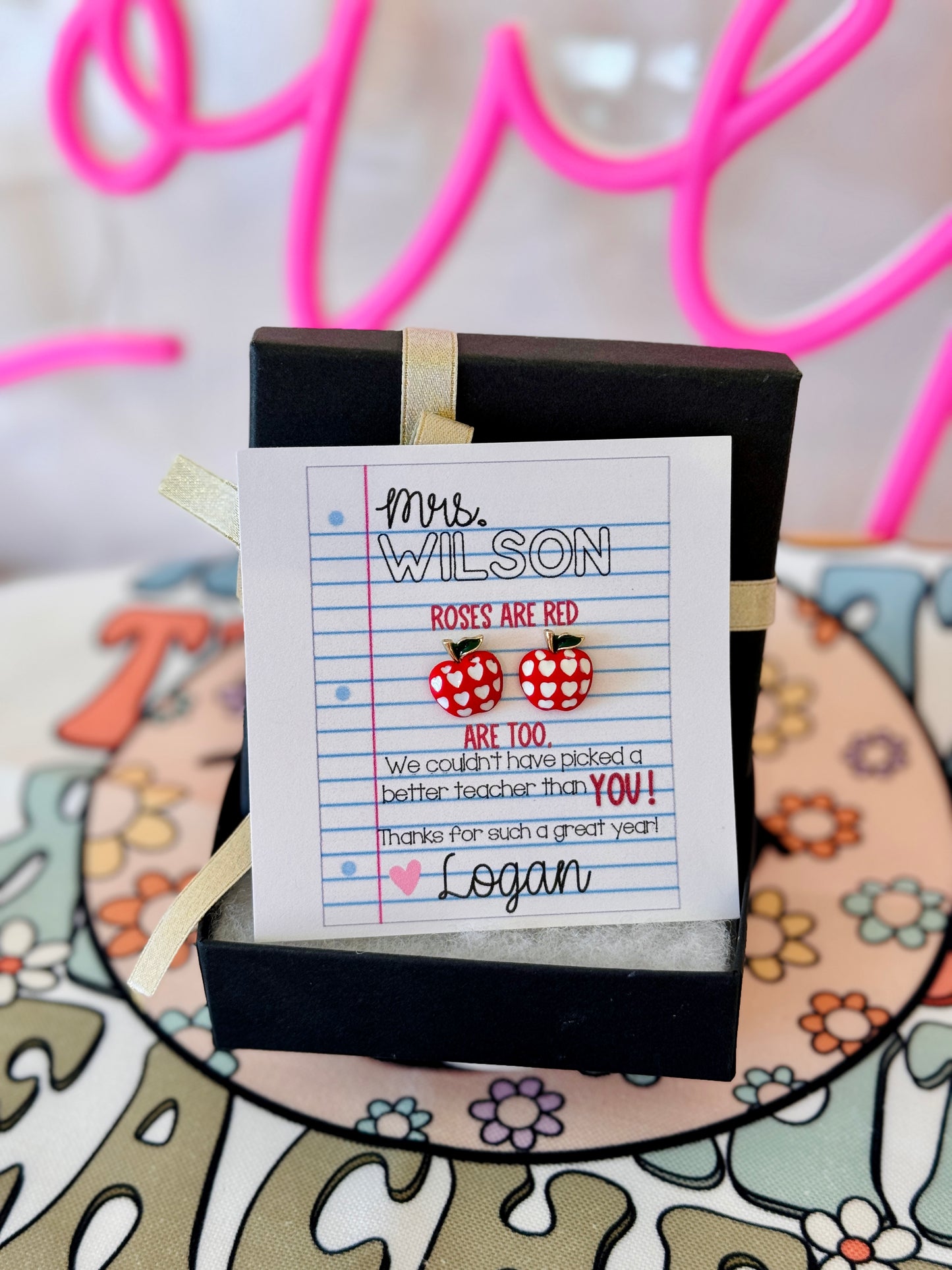 Adorable Apple heart stud earrings, Teacher Appreciation End of year gift, personalized card, box+ ribbon included!