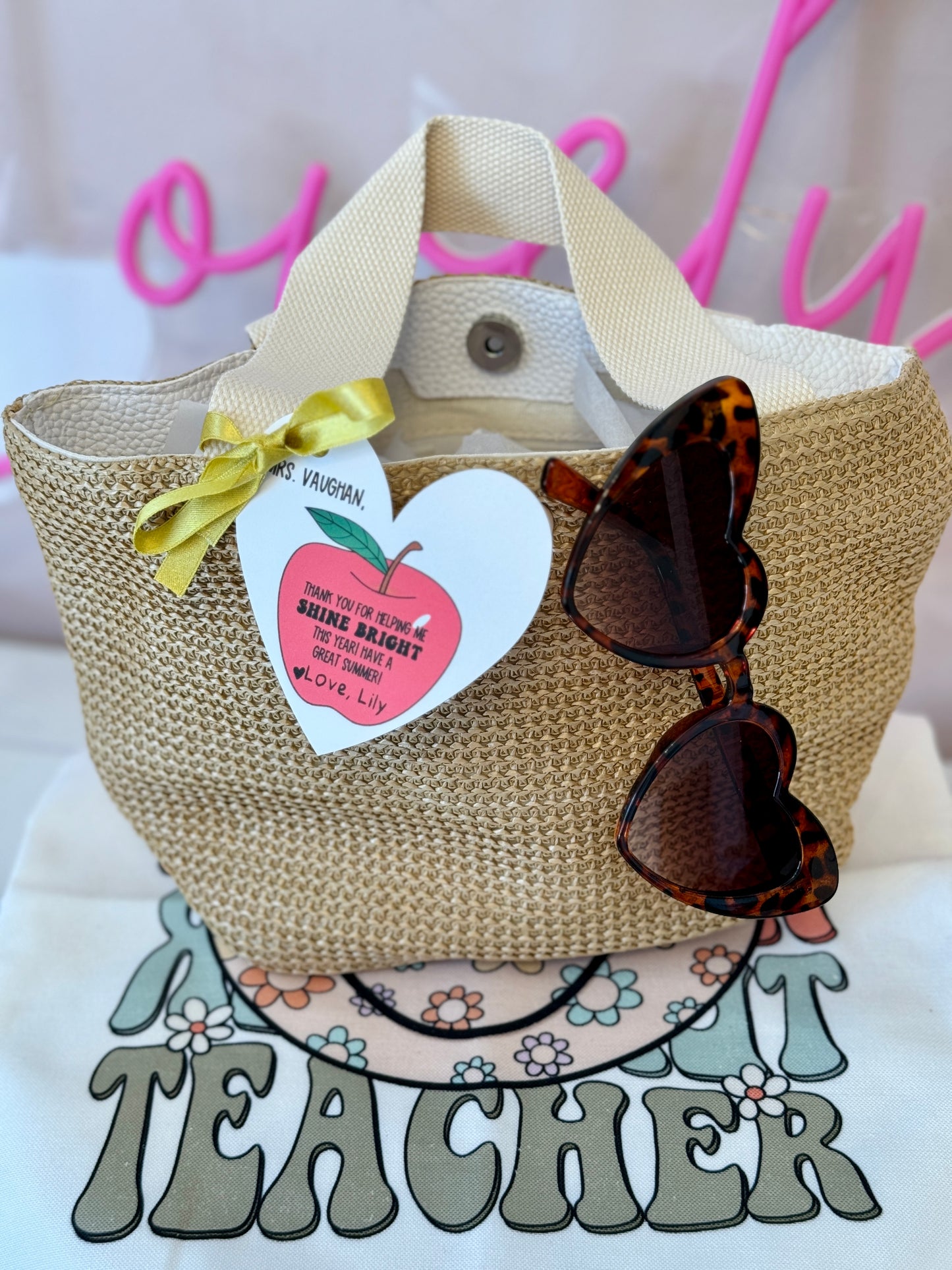 Teacher Summer Bag, sunglasses & heart apple card Thank You Gift