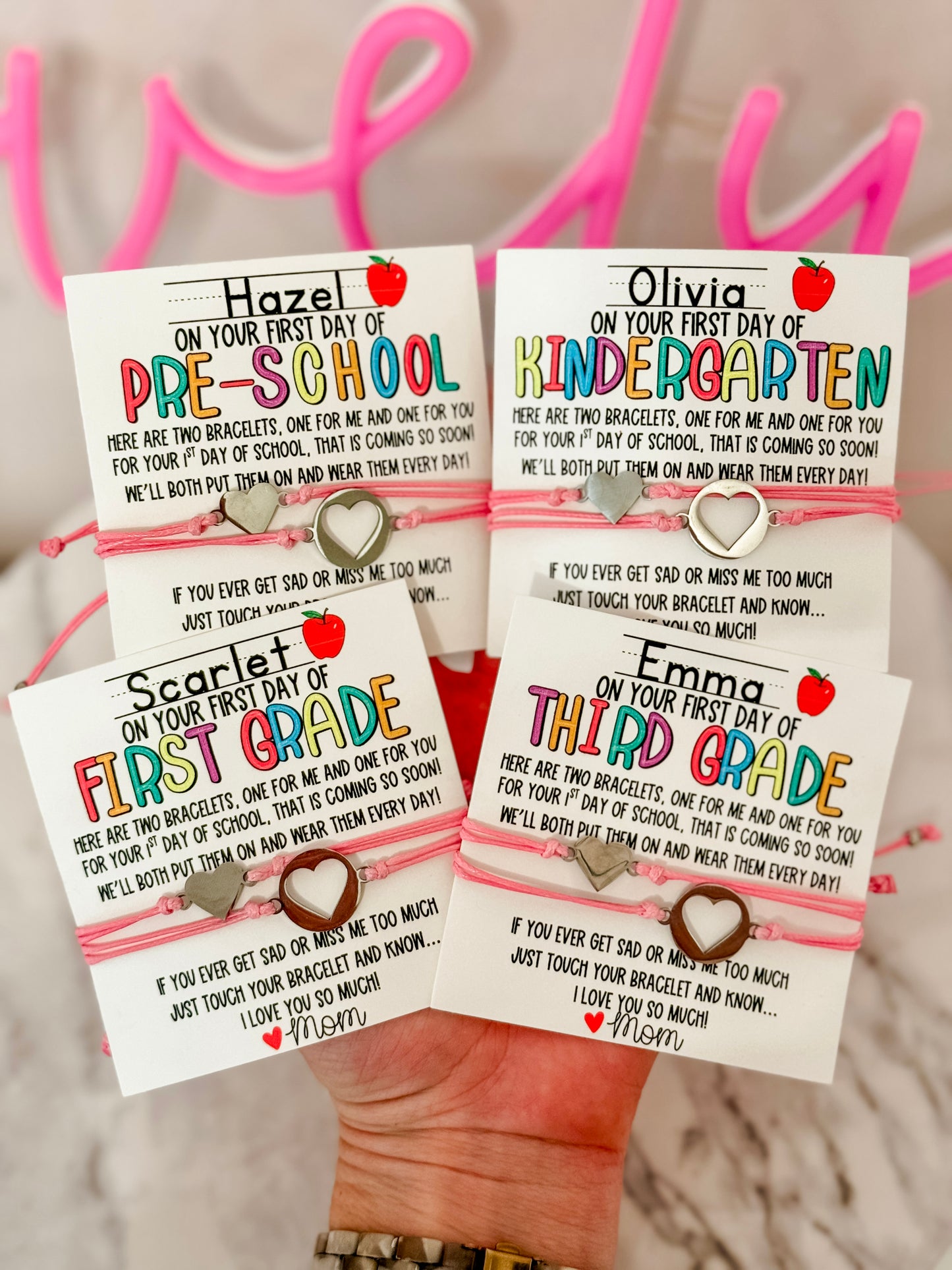 First Day of School! Mommy and Me Adjustable Bracelets, includes card, box & ribbon too!