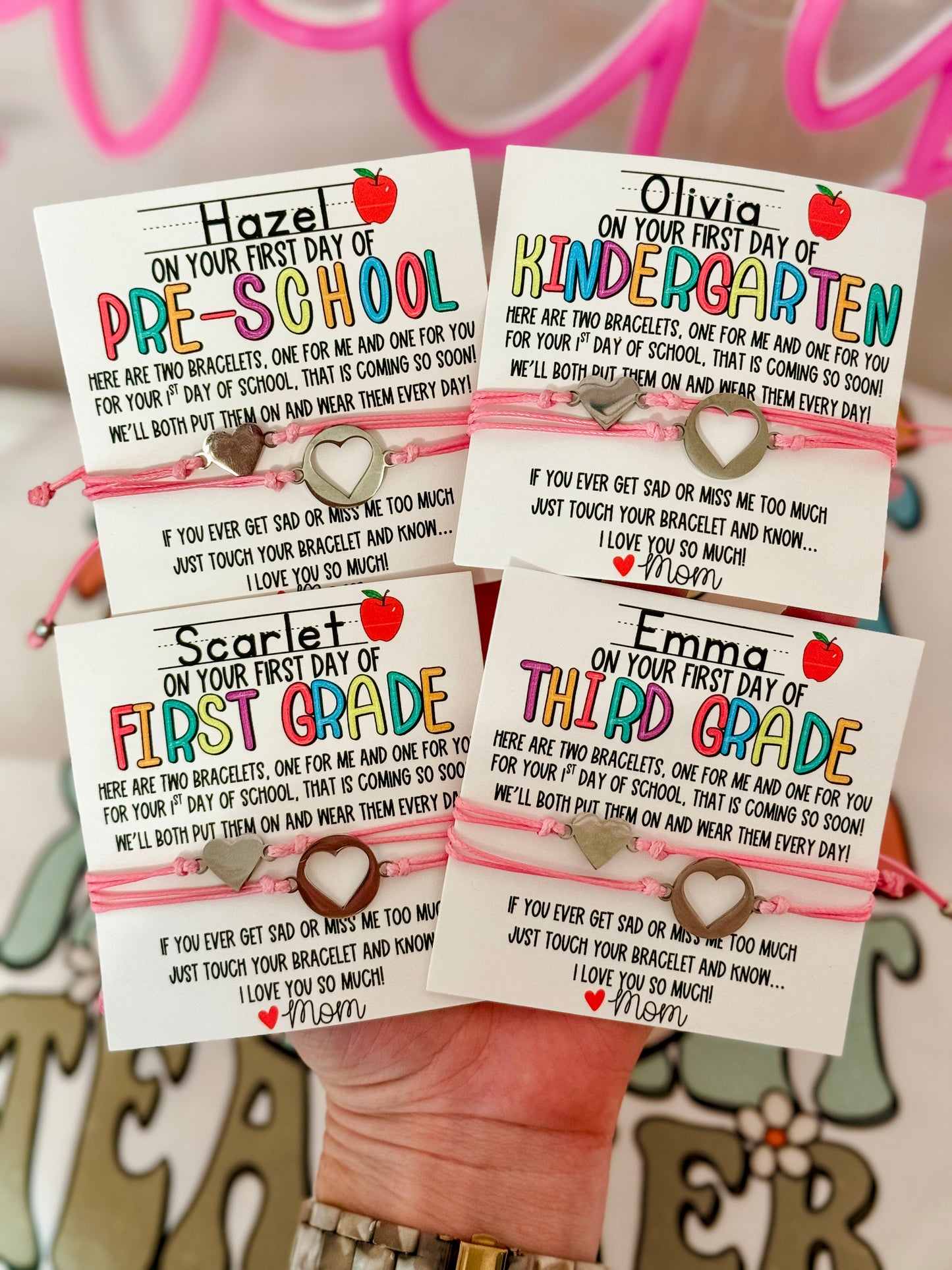 First Day of School! Mommy and Me Adjustable Bracelets, includes card, box & ribbon too!