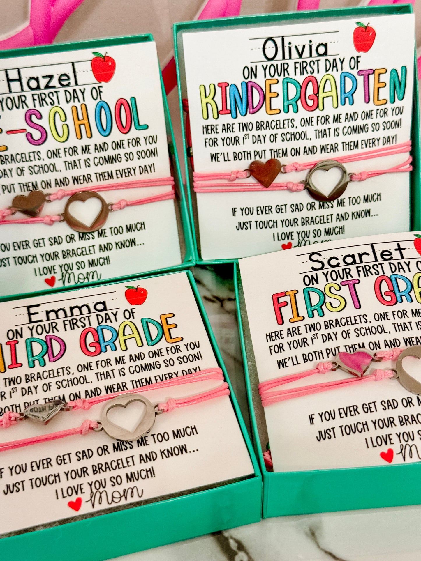 First Day of School! Mommy and Me Adjustable Bracelets, includes card, box & ribbon too!