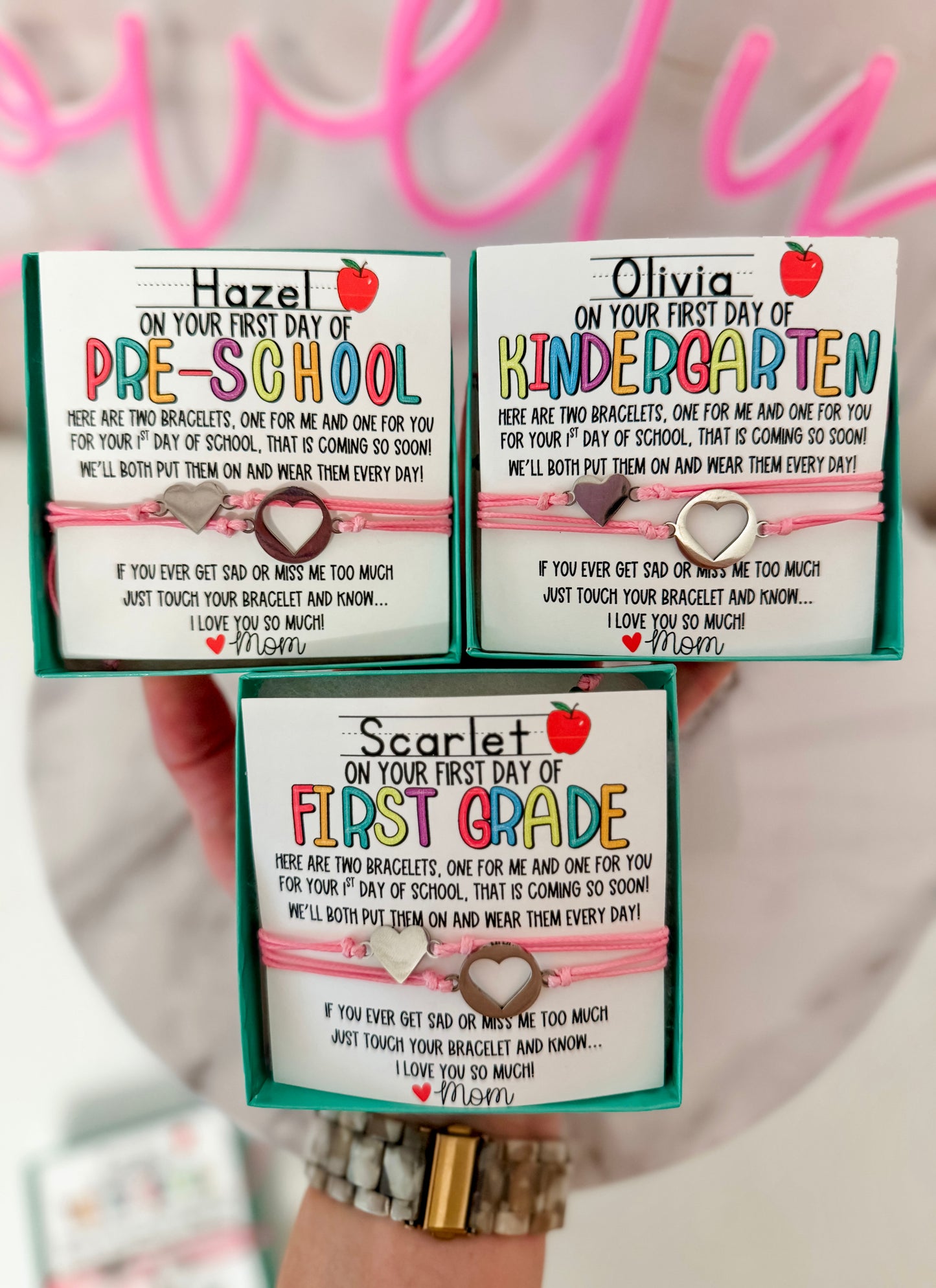 First Day of School! Mommy and Me Adjustable Bracelets, includes card, box & ribbon too!