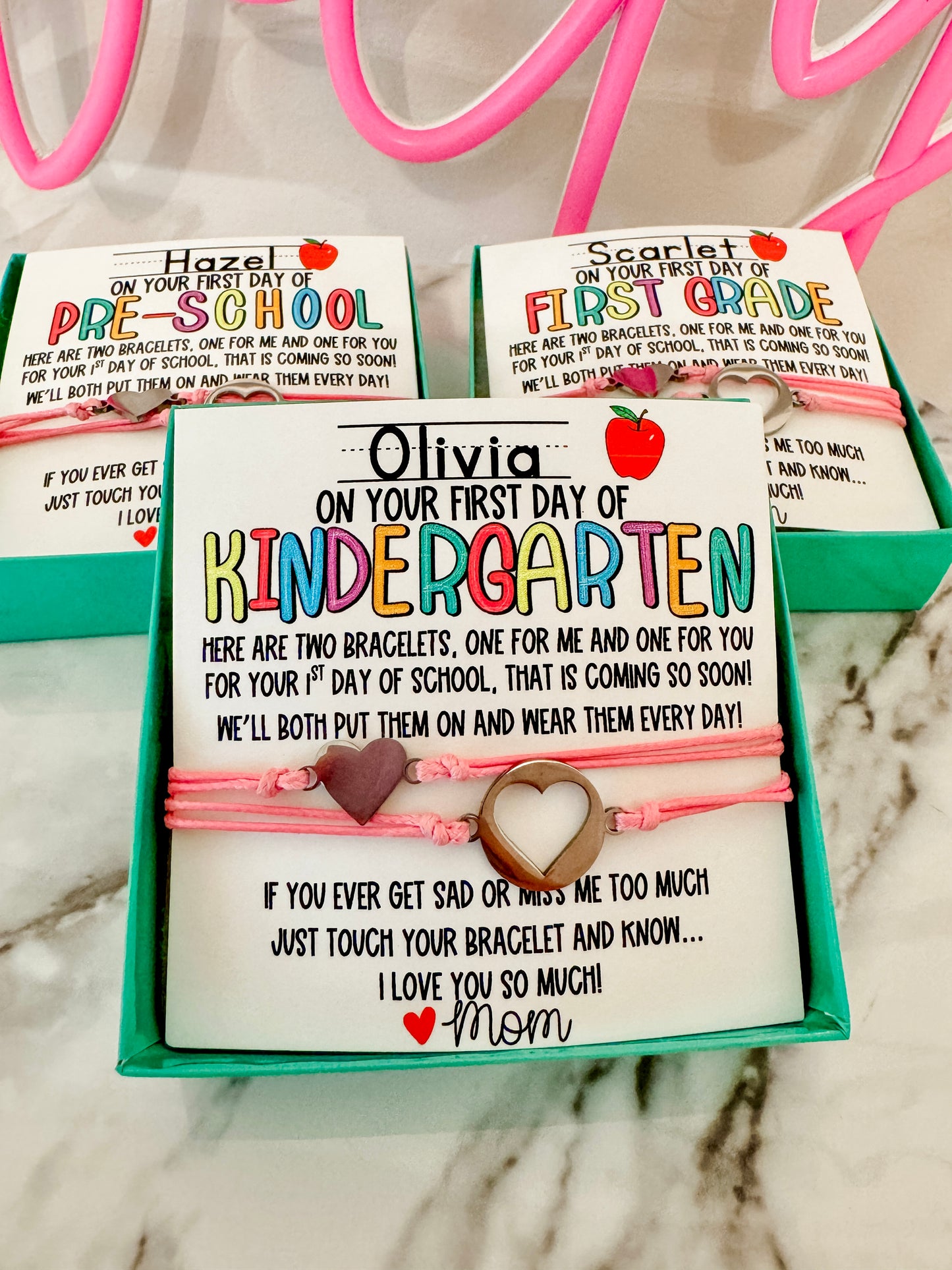 First Day of School! Mommy and Me Adjustable Bracelets, includes card, box & ribbon too!