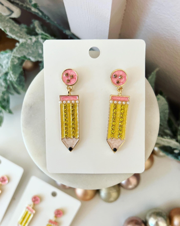 Pencil Earrings 1st Day of school teacher gift! Card, box & ribbon!