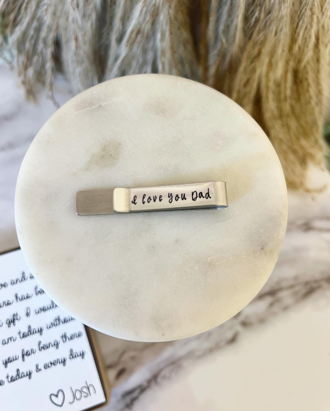 Thank you for always showing me the love that I deserve, Laser engraved "I love you Dad" tie bar, personalized card, box and ribbon!