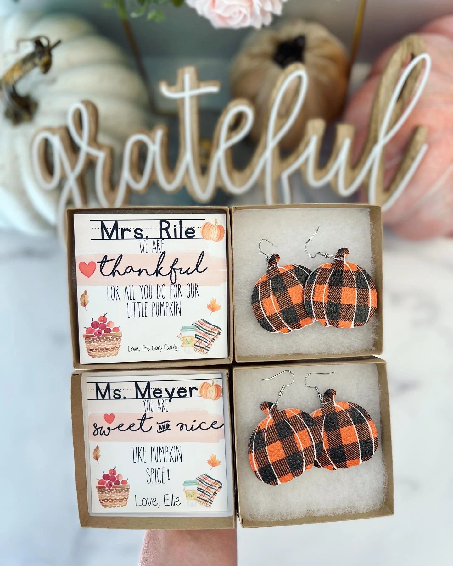 Teacher thank you gift, Plaid Pumpkin Earrings! Teacher appreciation gift! Personalized card, box & ribbon included! Pumpkin teacher earring