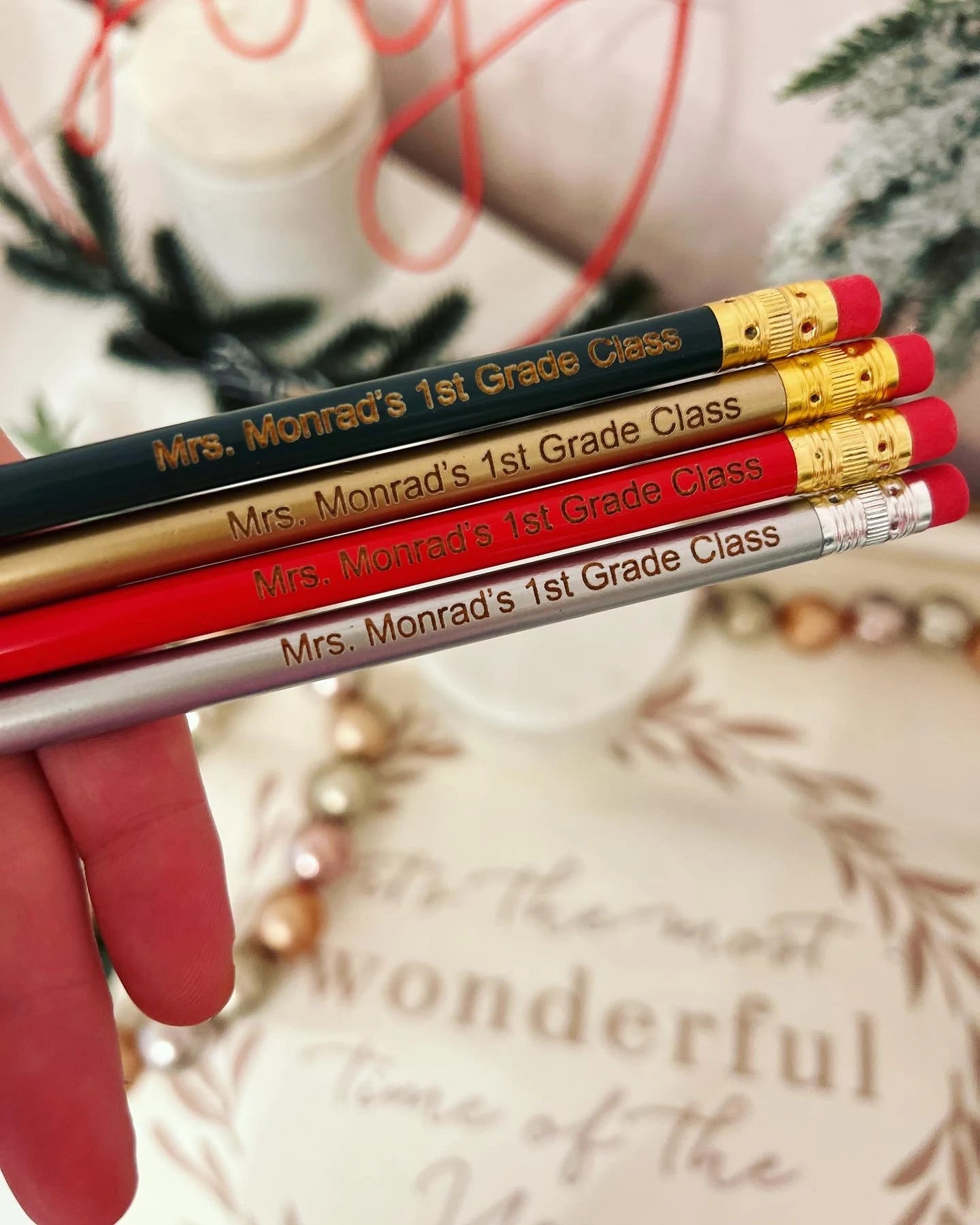 Very Merry Teacher Christmas gift! Engraved Pencils,Pencil cup! Teachers Name personalized! Gift wrap w/heart card, pencil cup holder!