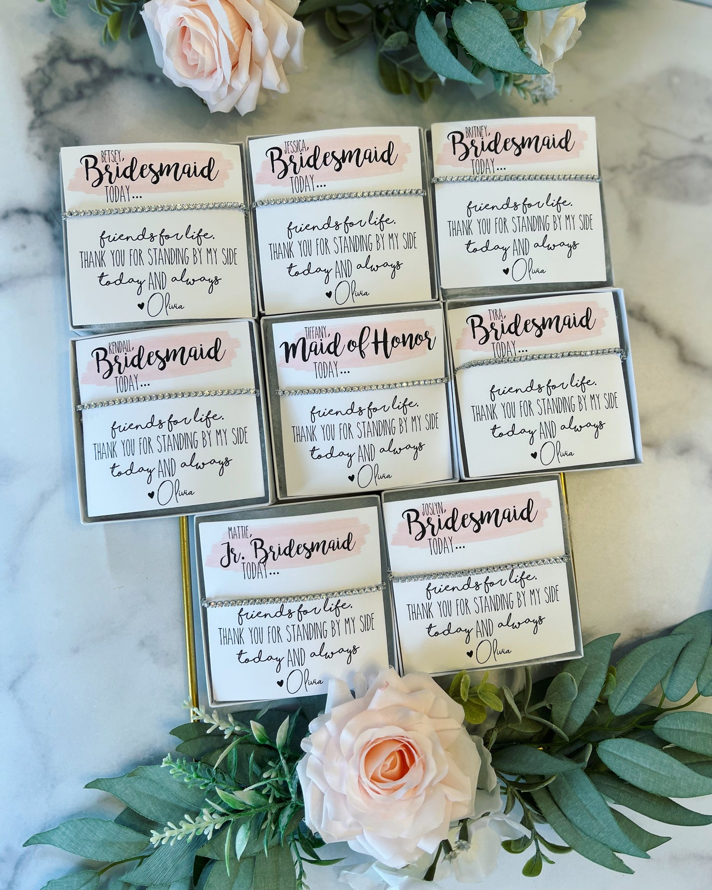 Bridesmaid Cubic Zircon Bracelet & Watercolor Card