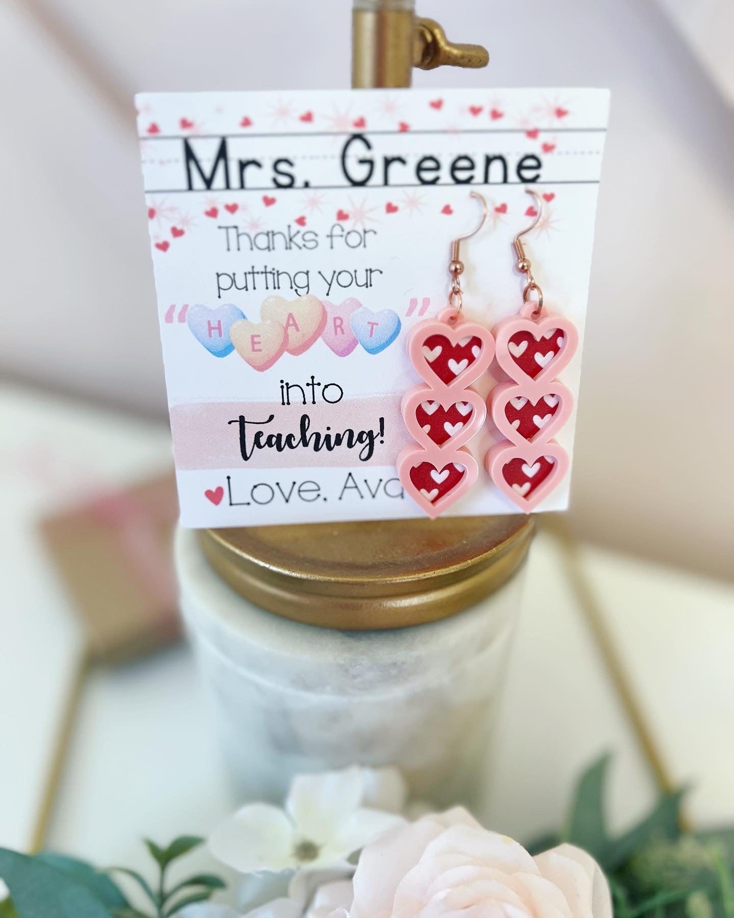 Teacher Heart Valentine's Day Earrings, card, box & ribbon included!