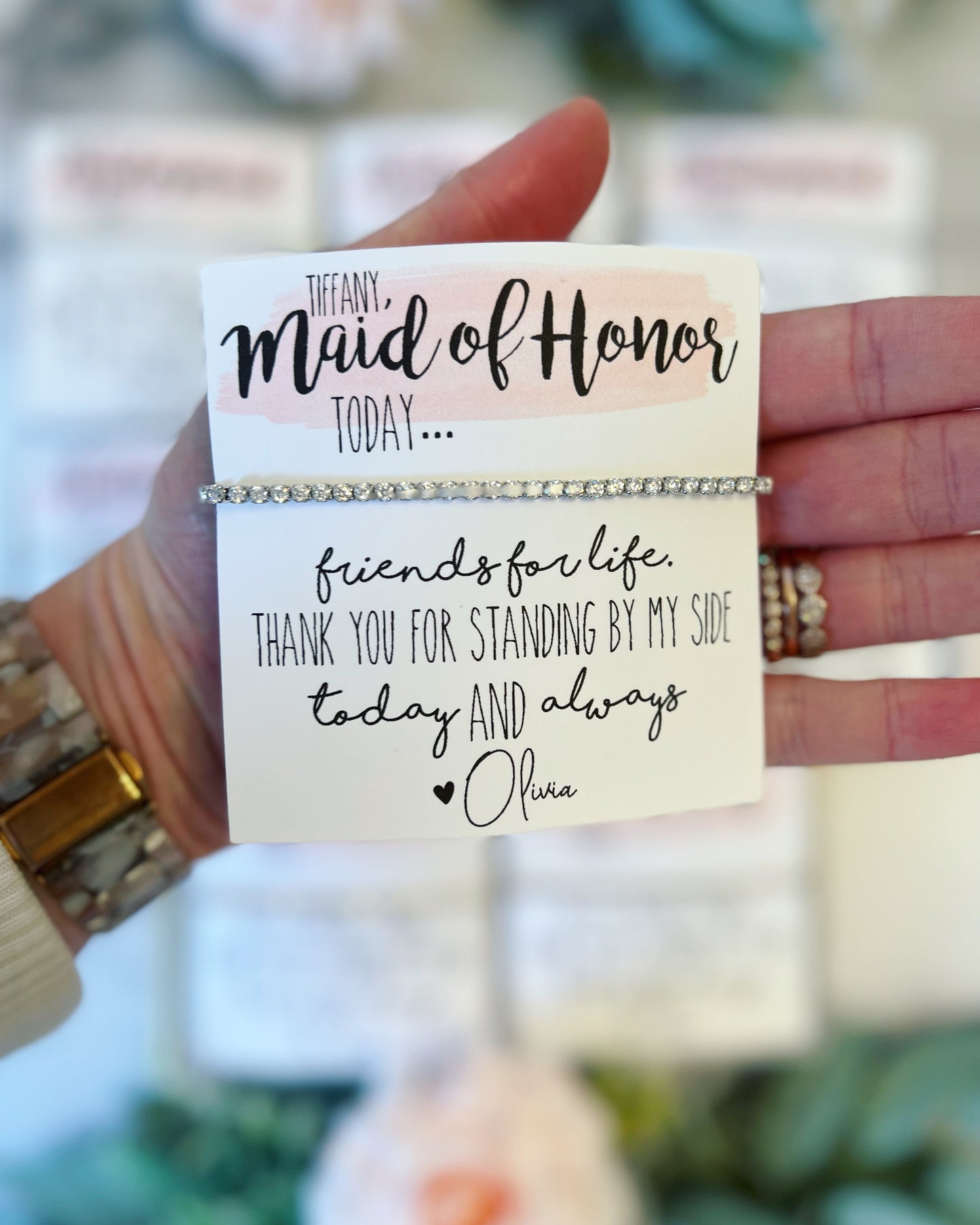 Bridesmaid Cubic Zircon Bracelet & Watercolor Card