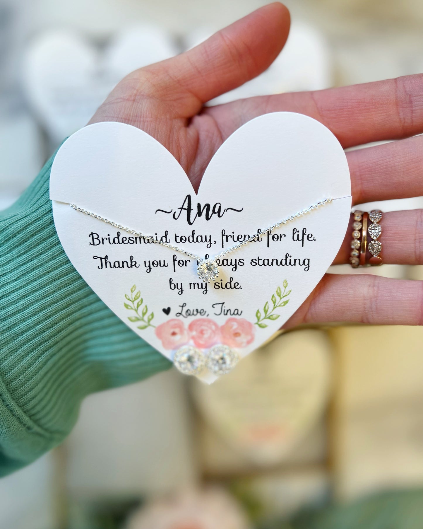 CZ Earrings and Matching Necklace with Heart Card