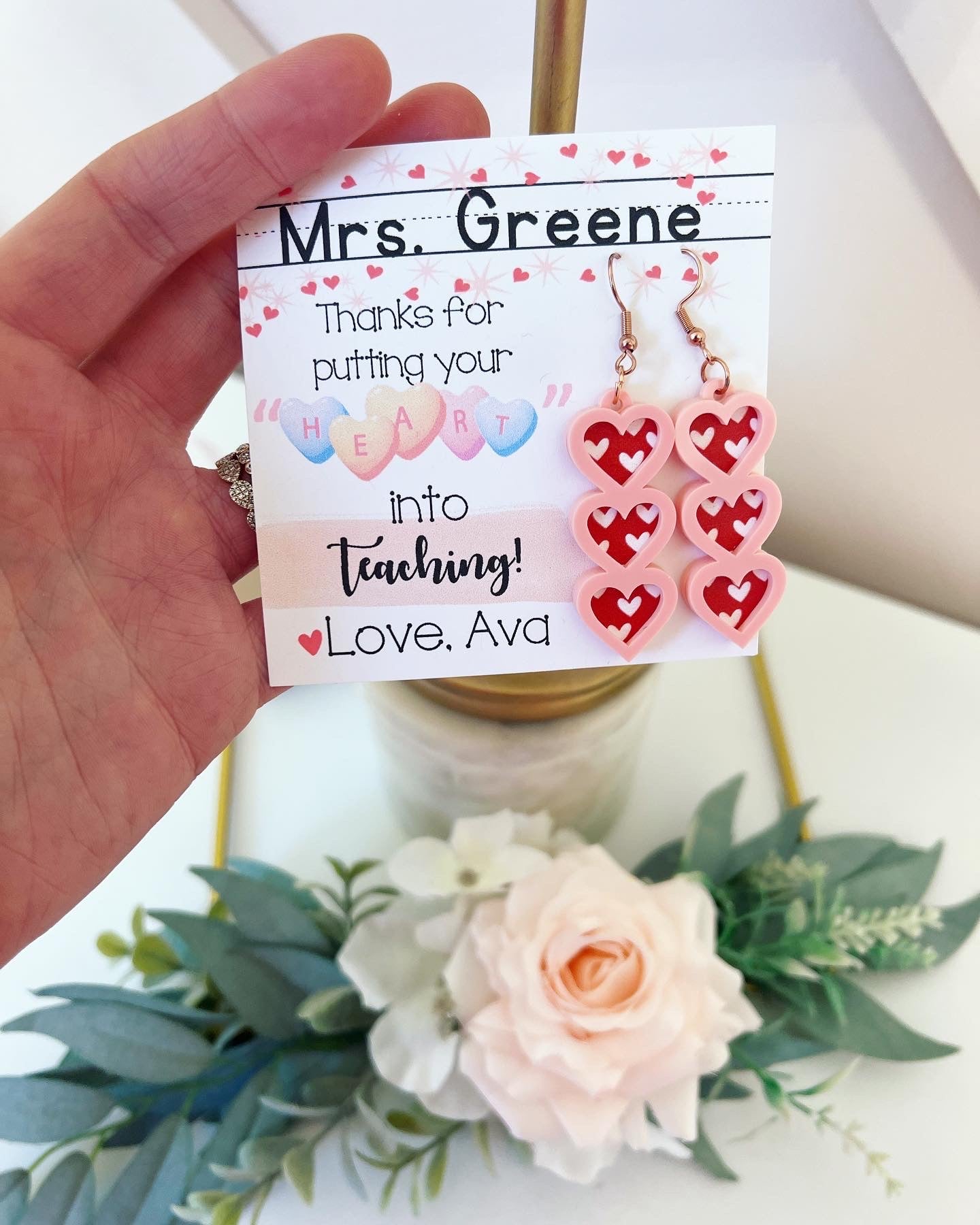 Teacher Heart Valentine's Day Earrings, card, box & ribbon included!