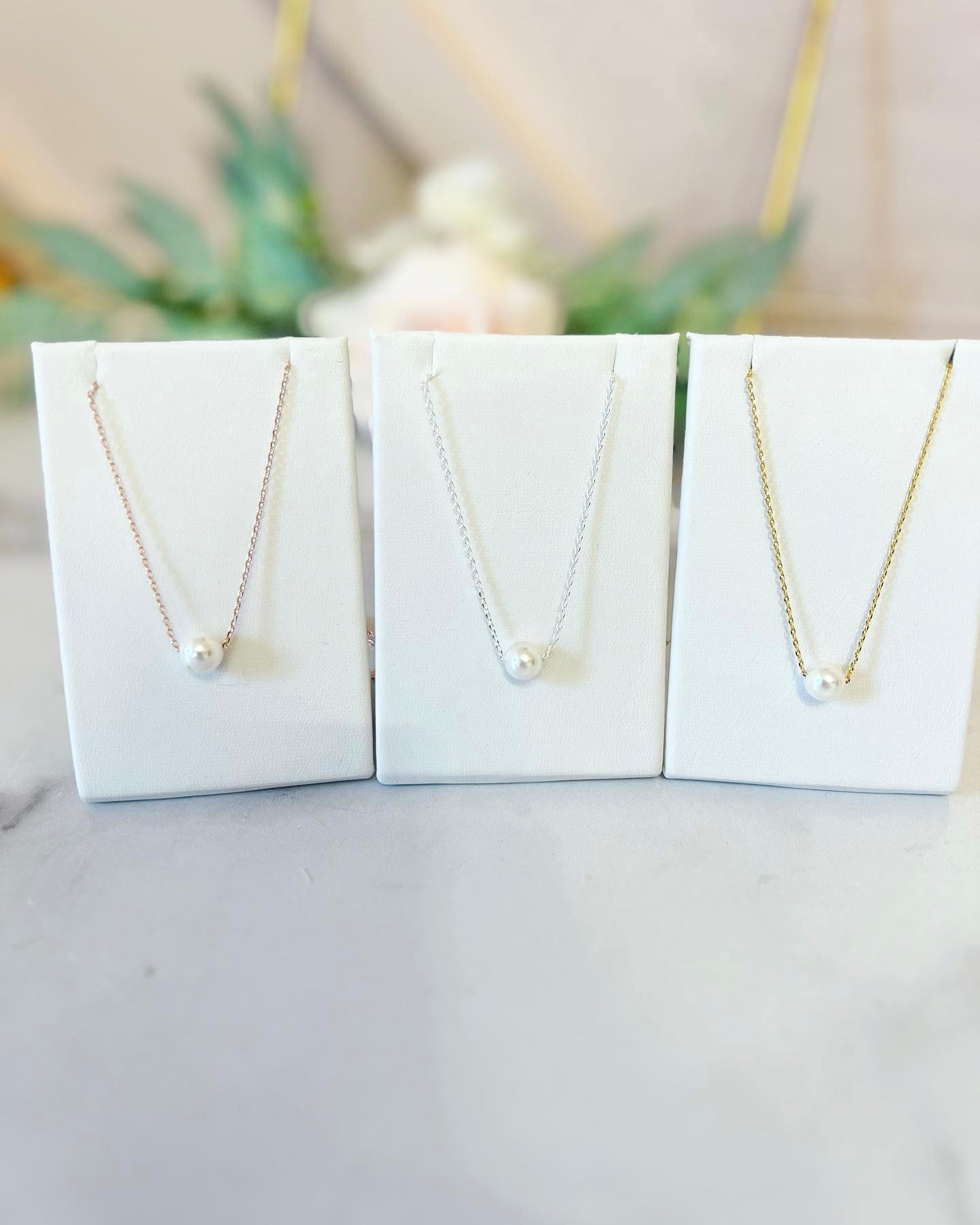 Gold, Rose Gold or Silver Cubic Zircon Studs and Pearl Necklace Set