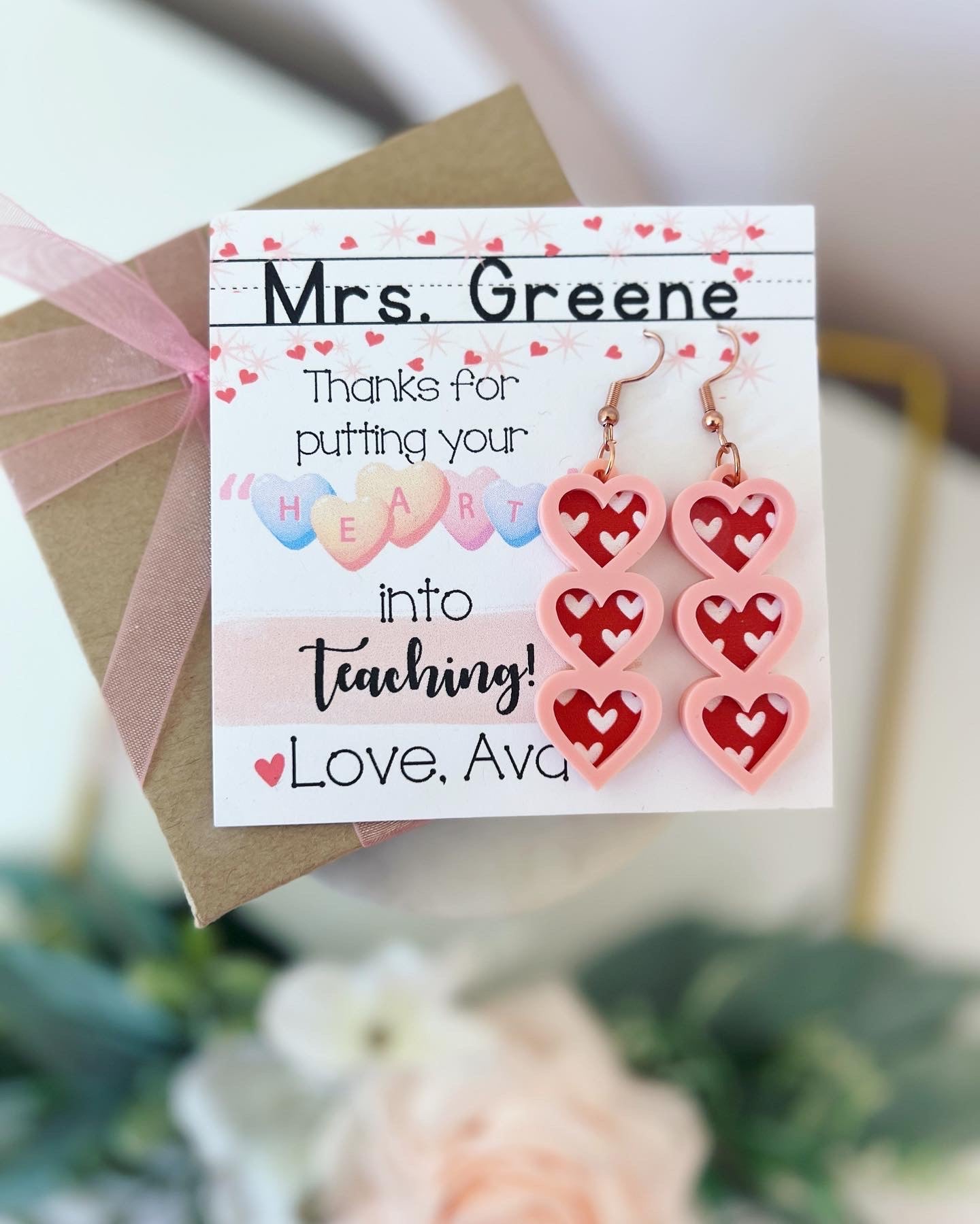 Teacher Heart Valentine's Day Earrings, card, box & ribbon included!