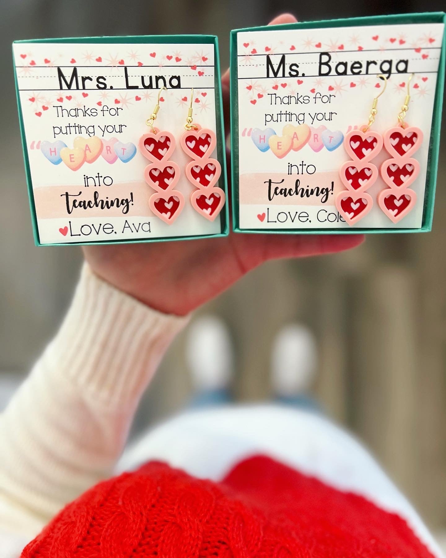 Teacher Heart Valentine's Day Earrings, card, box & ribbon included!