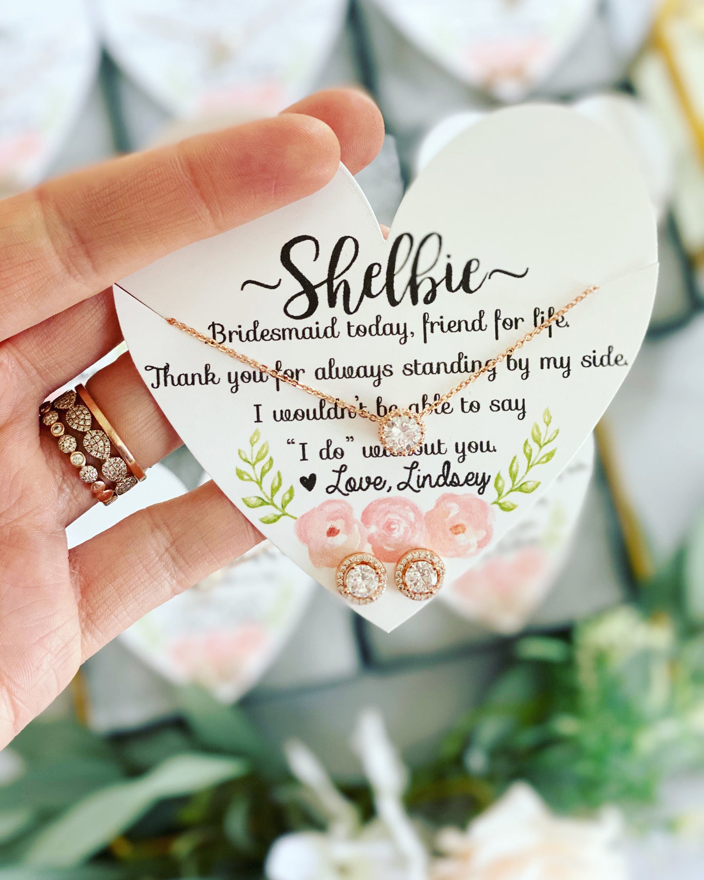 CZ Earrings and Matching Necklace with Heart Card