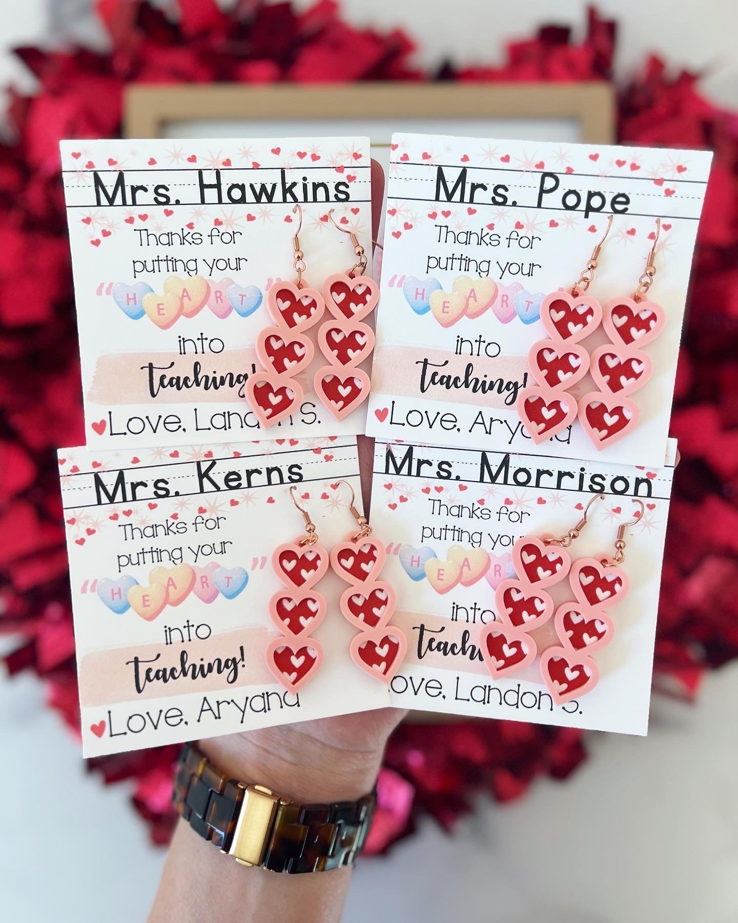 Teacher Heart Valentine's Day Earrings, card, box & ribbon included!